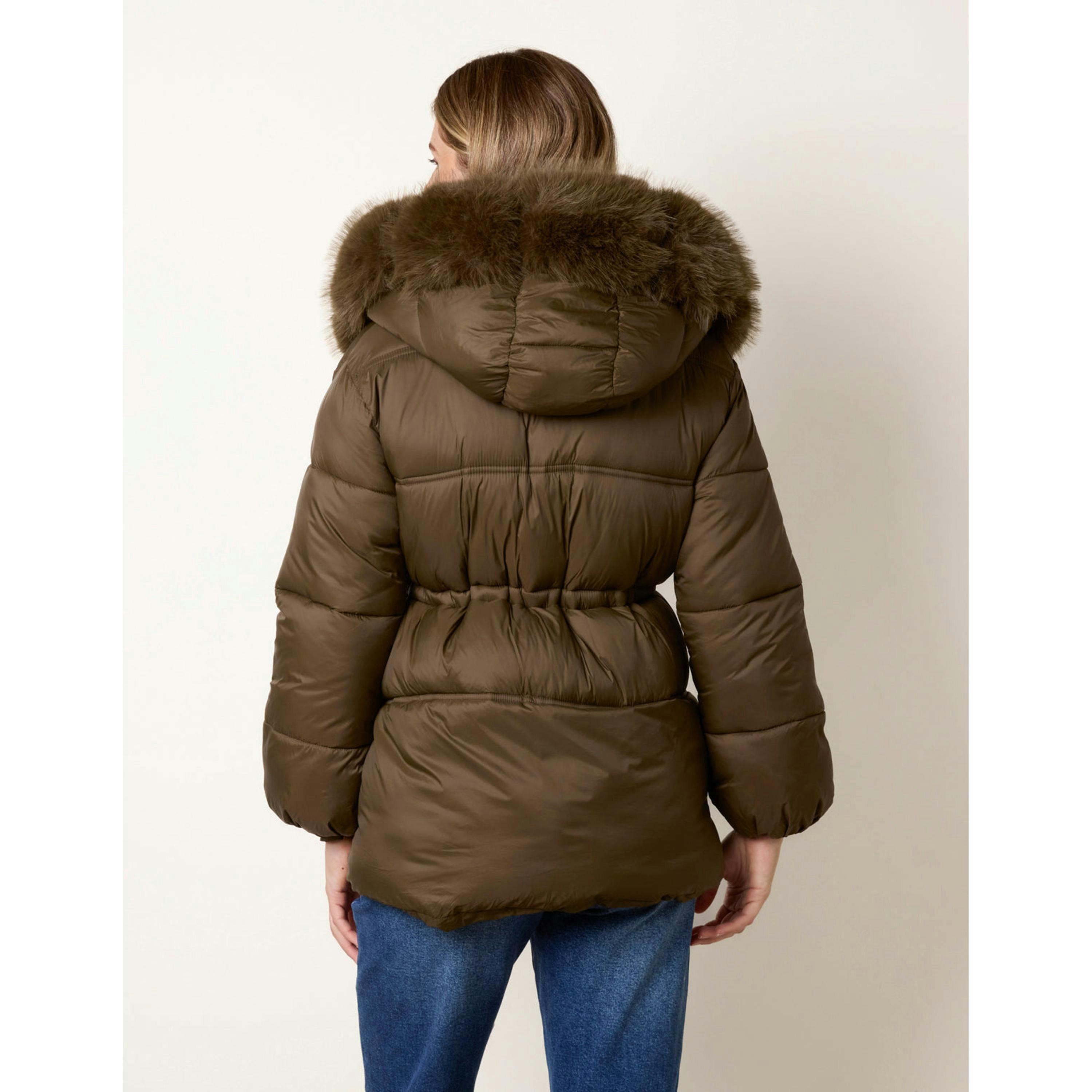 Blue Vanilla Drawcord Waist Faux Fur Hooded Coat  in Khaki , view 2 of 4