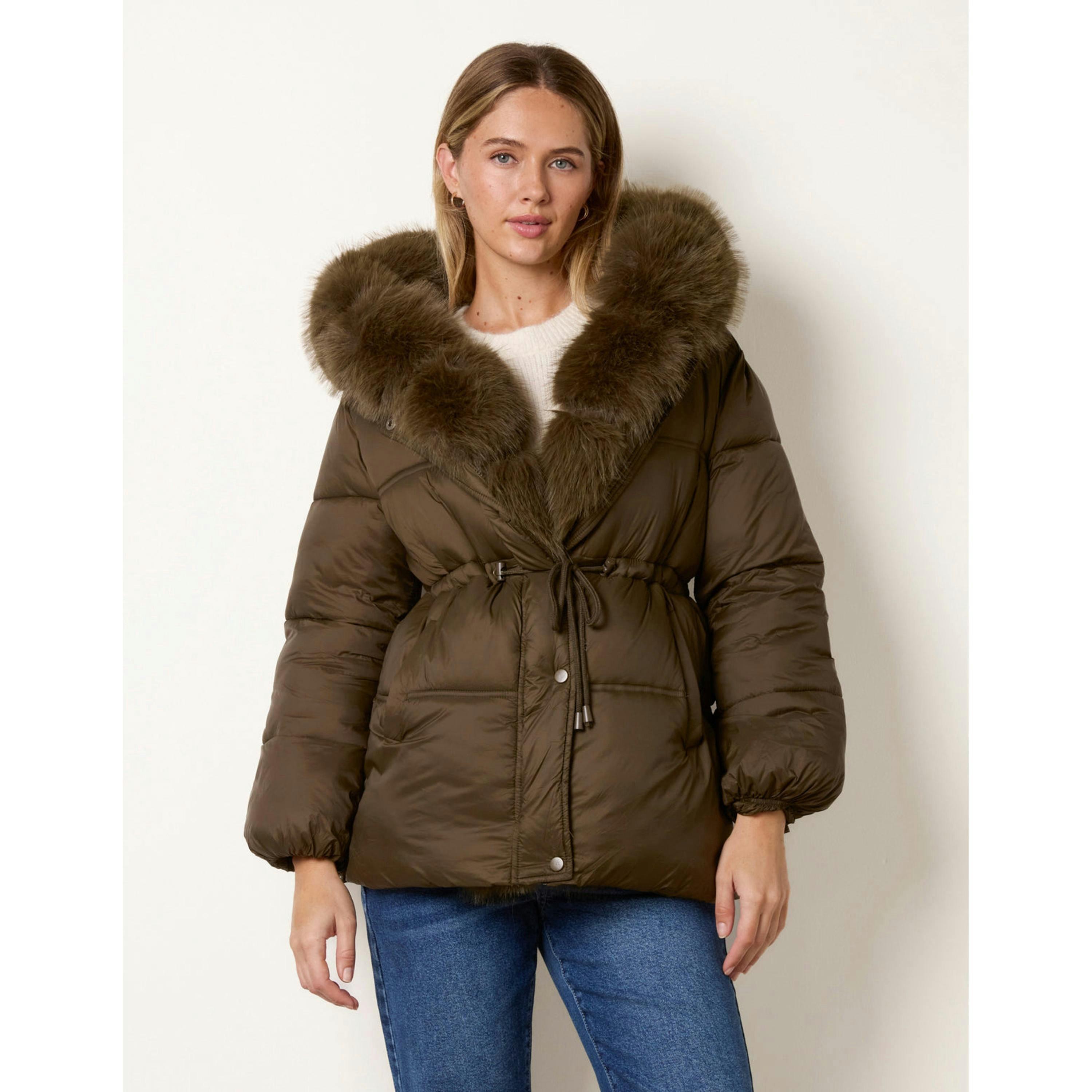 Blue Vanilla Drawcord Waist Faux Fur Hooded Coat  in Khaki , view 3 of 4