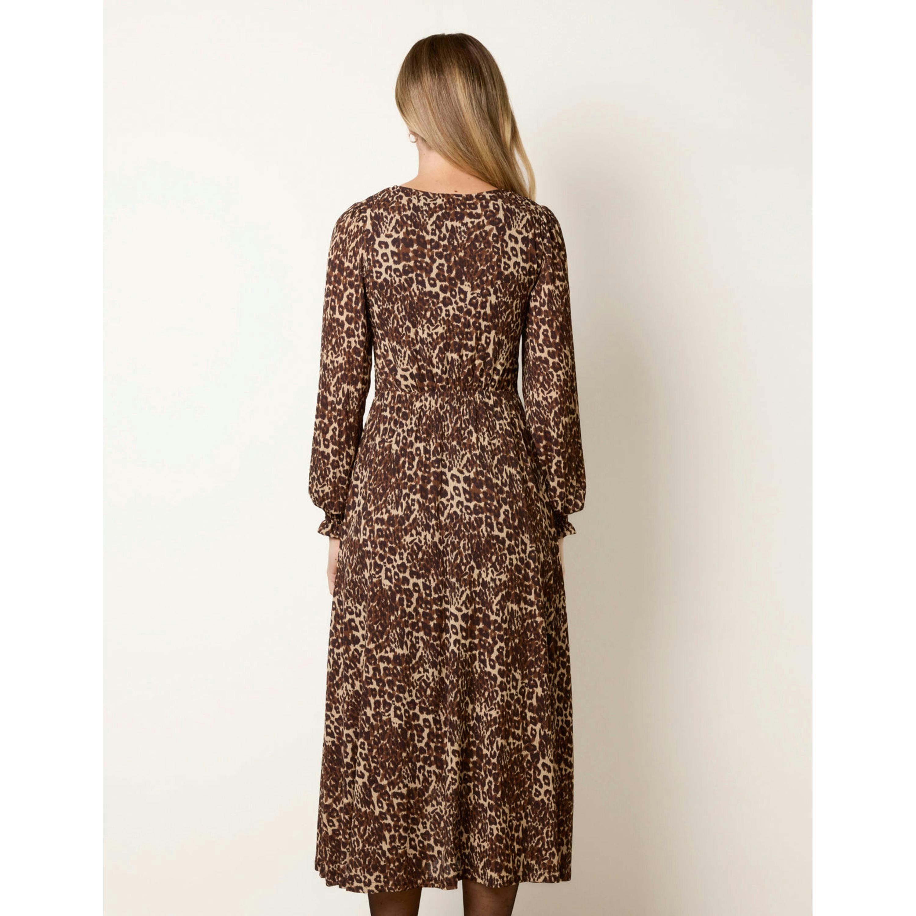 Blue Vanilla Leopard Print Shirred Detailing Button Front V Neck Dress  in Brown , view 2 of 4