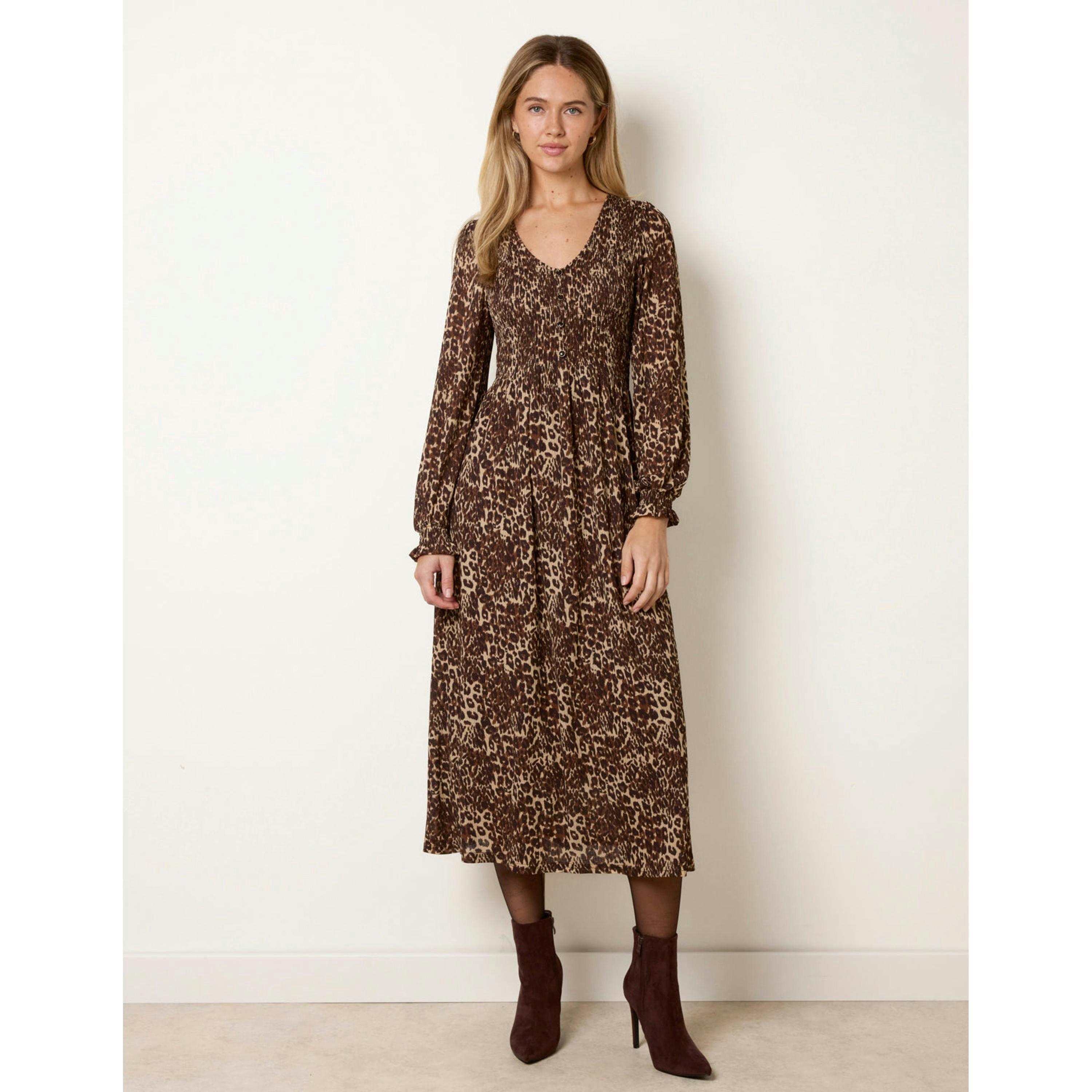 Blue Vanilla Leopard Print Shirred Detailing Button Front V Neck Dress  in Brown , view 4 of 4