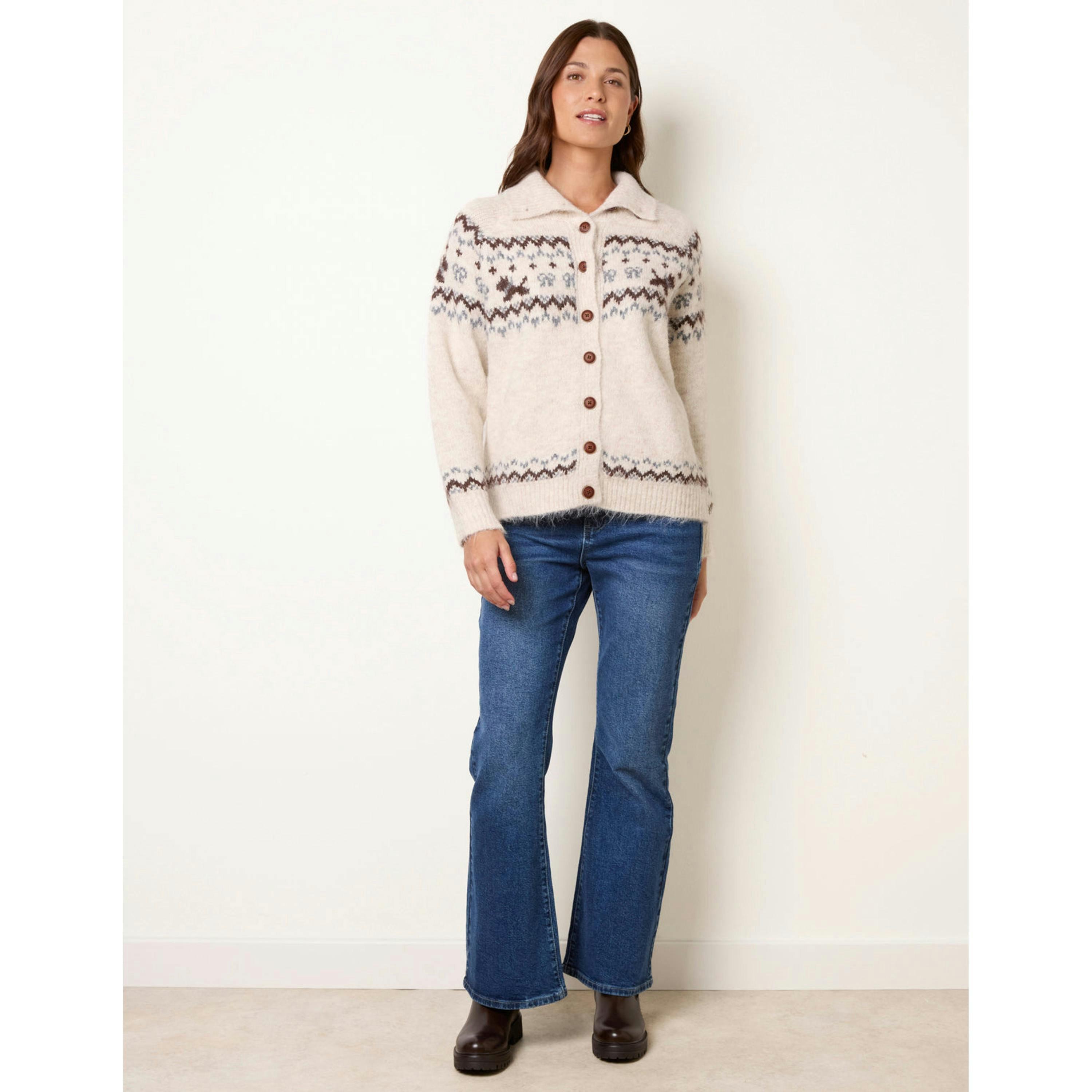 Blue Vanilla Fair Isle Button Up Cardigan  in Stone , view 3 of 4