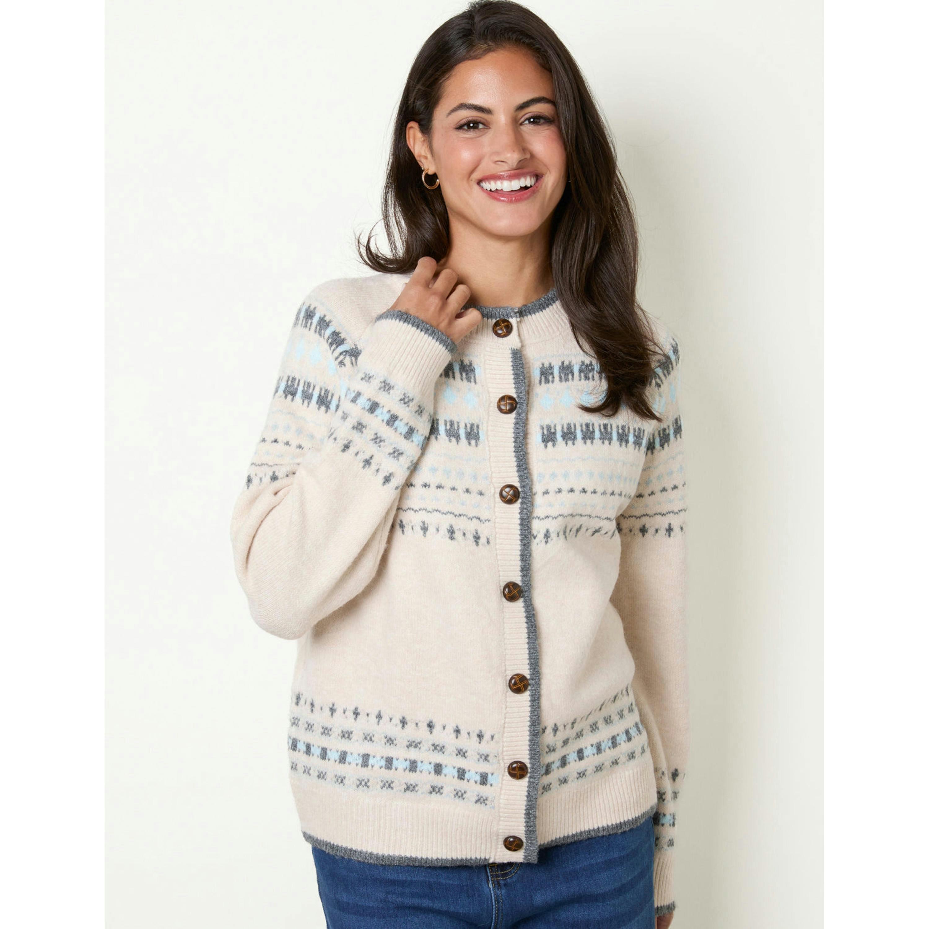 Blue Vanilla Classic Fair Isle-Inspired Cardigan  in Beige , view 4 of 4