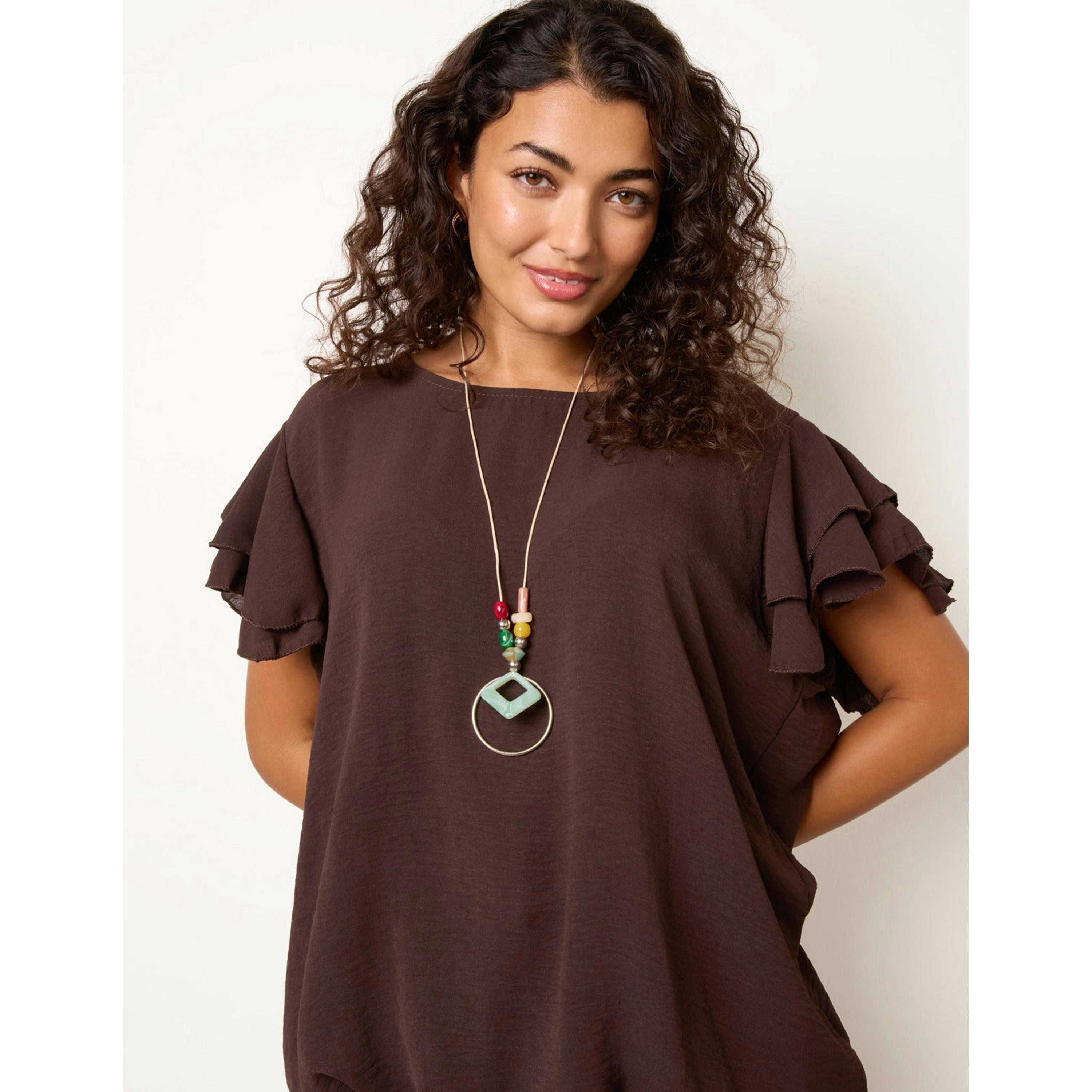 Blue Vanilla Double Frill with Elasticated Hem Top  in Brown , view 3 of 4