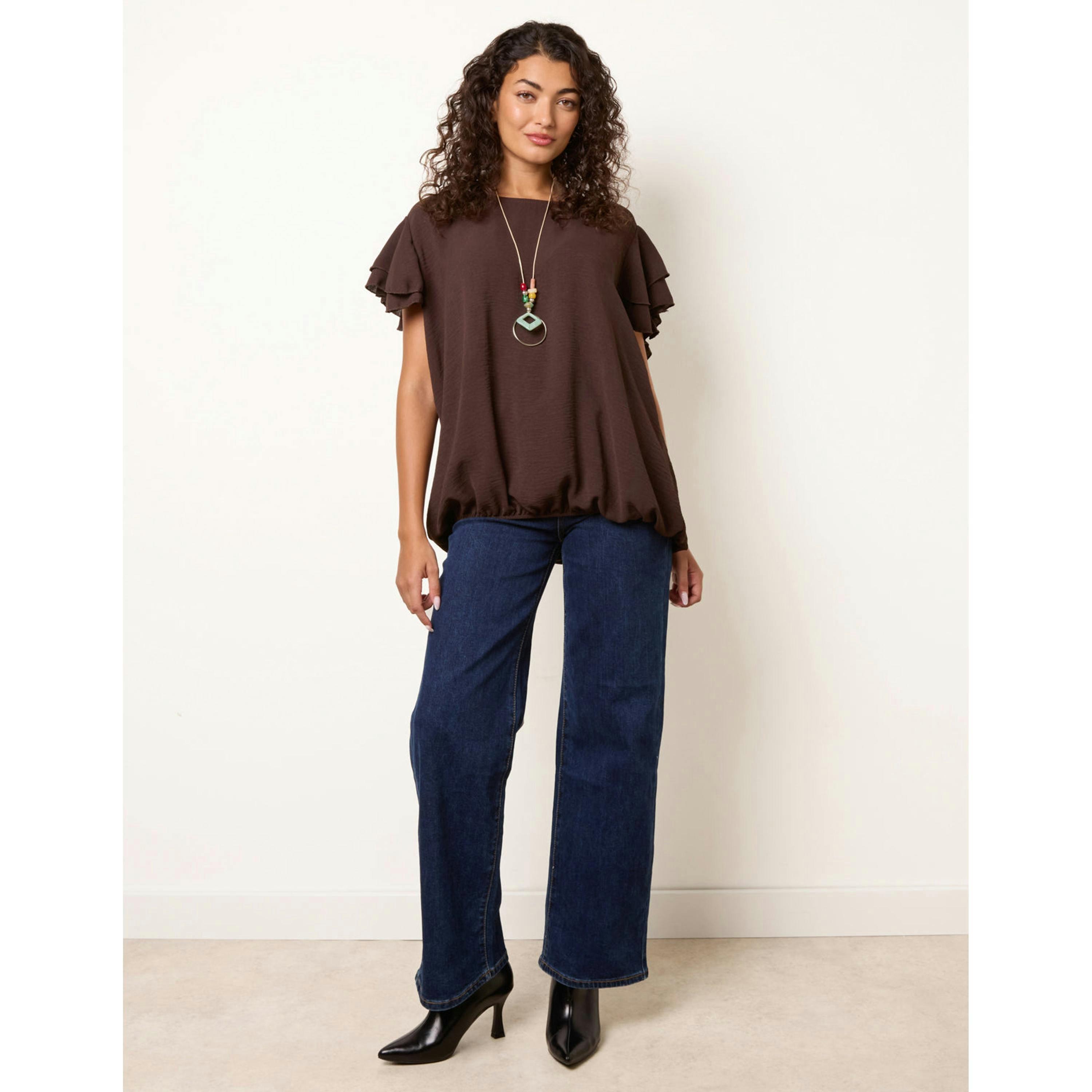 Blue Vanilla Double Frill with Elasticated Hem Top  in Brown , view 4 of 4