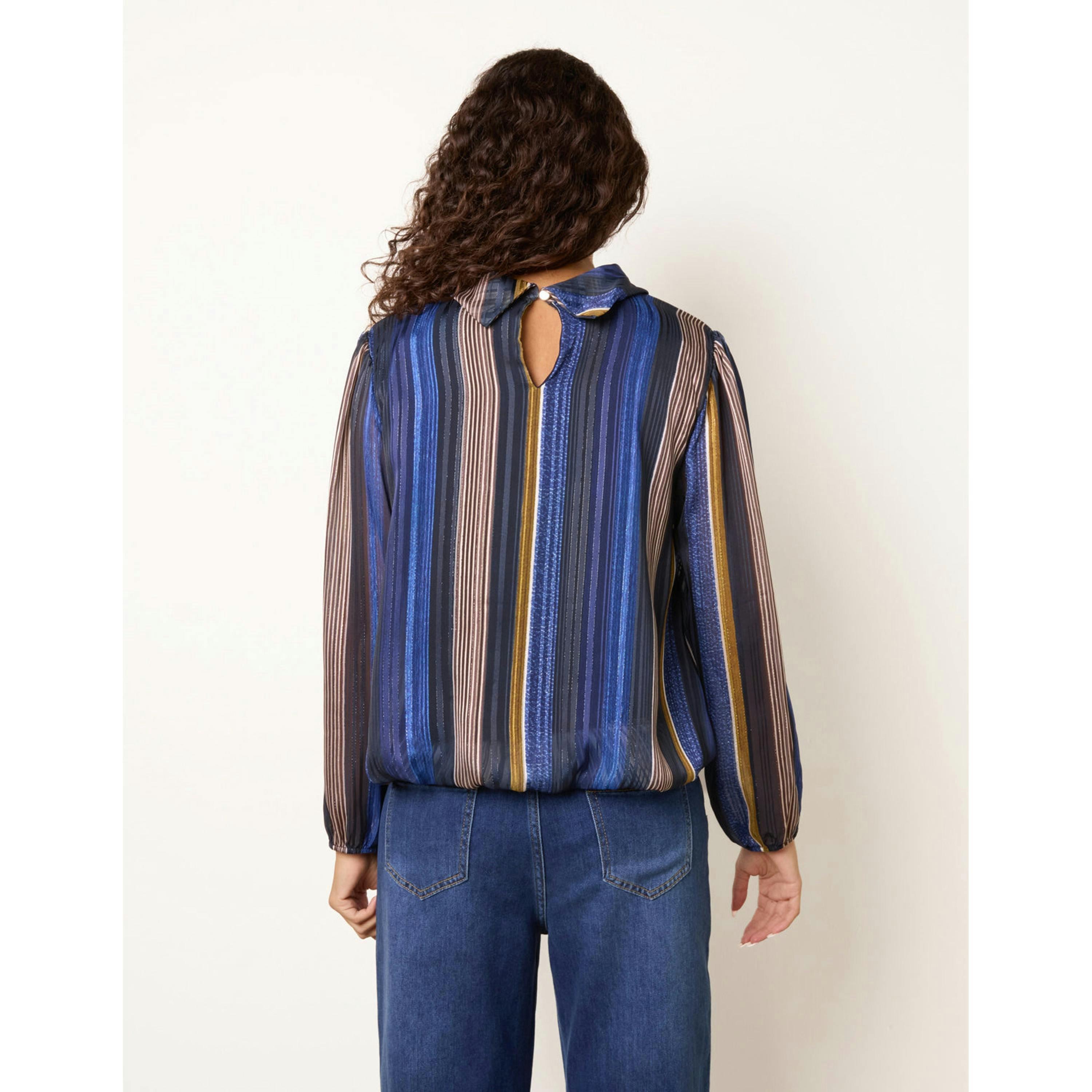 Blue Vanilla Metallic Vertical Multi Stripe Cowl Neck Blouse  in Navy , view 2 of 4