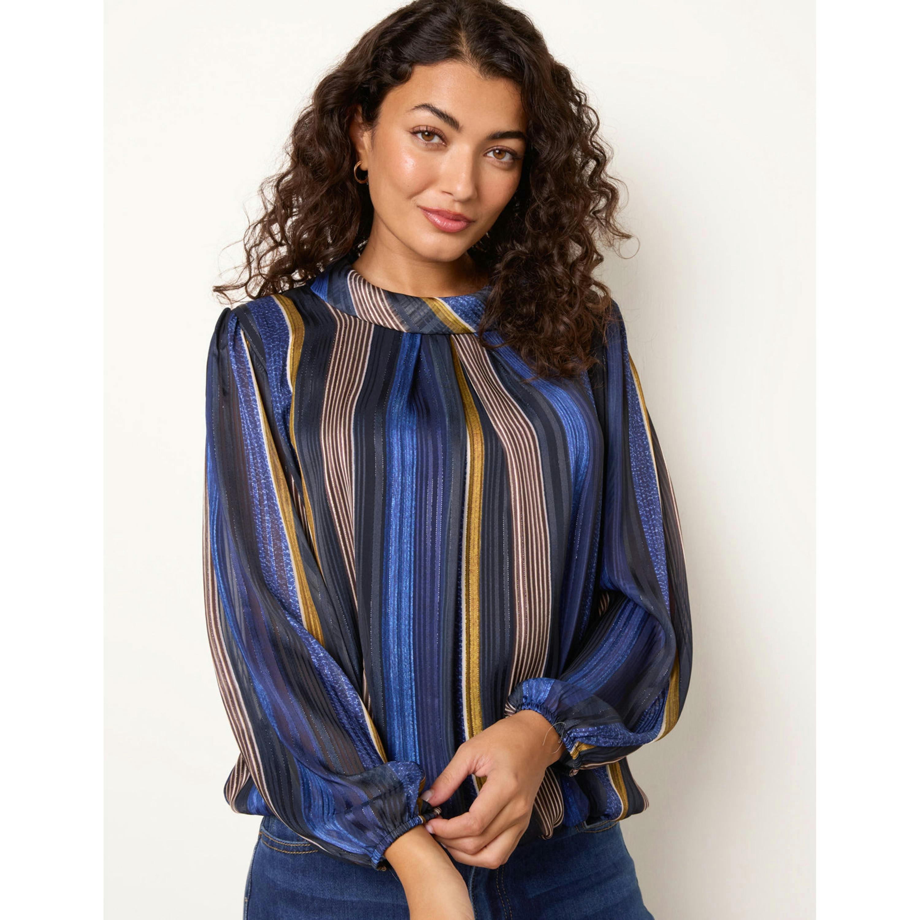 Blue Vanilla Metallic Vertical Multi Stripe Cowl Neck Blouse  in Navy , view 3 of 4