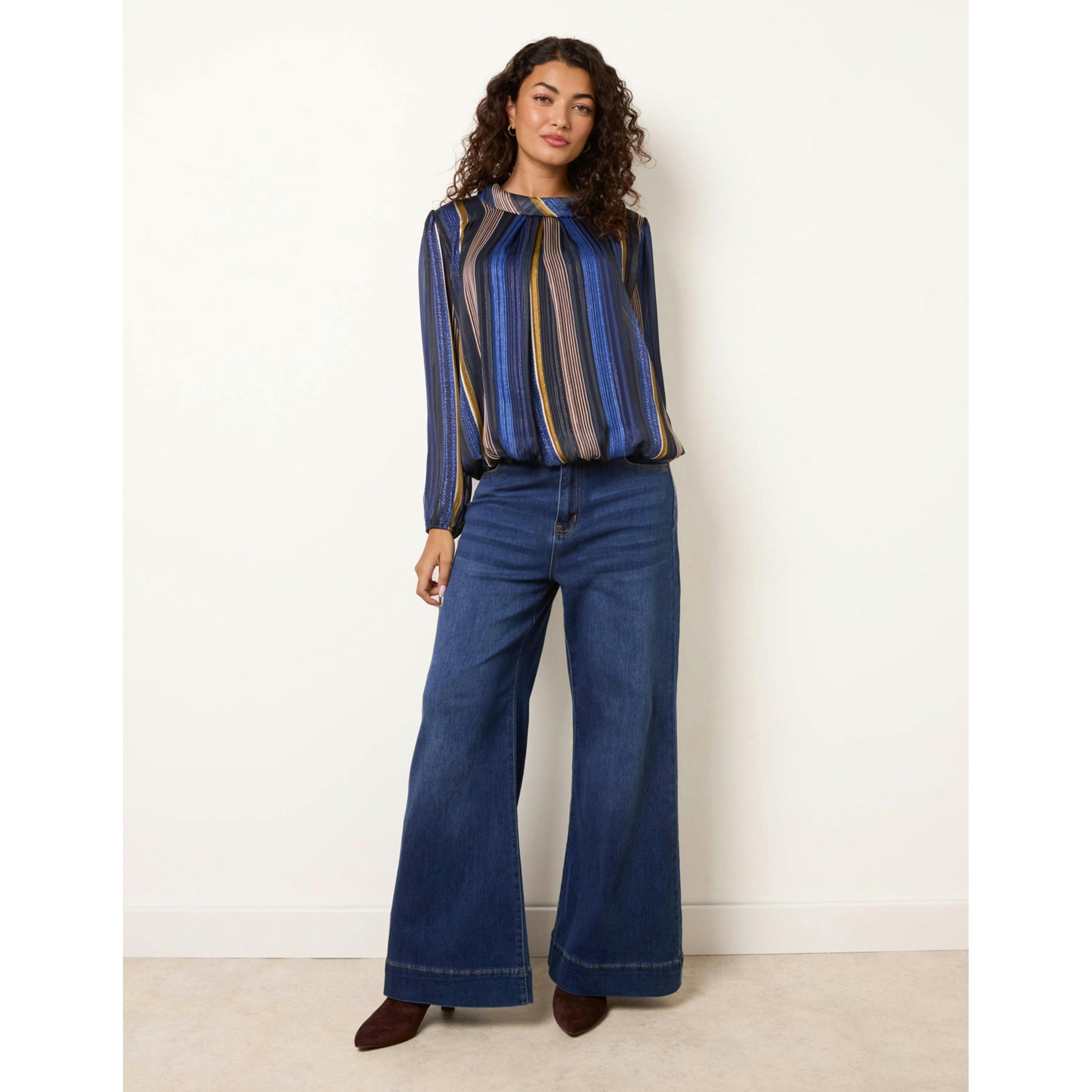Blue Vanilla Metallic Vertical Multi Stripe Cowl Neck Blouse  in Navy , view 4 of 4