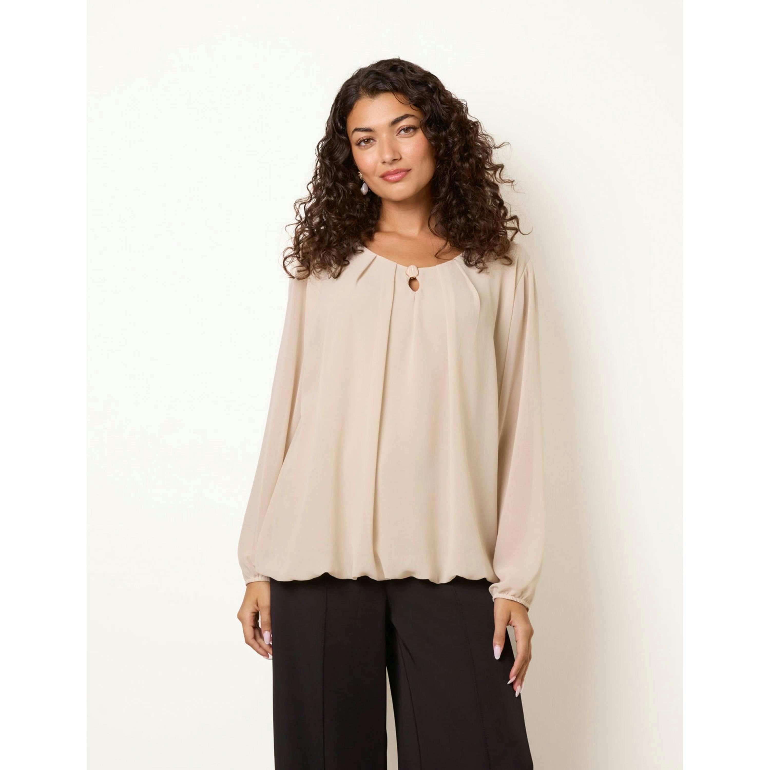 Blue Vanilla Puffball Round Neck Marble Button Blouse  in Beige , view 2 of 4