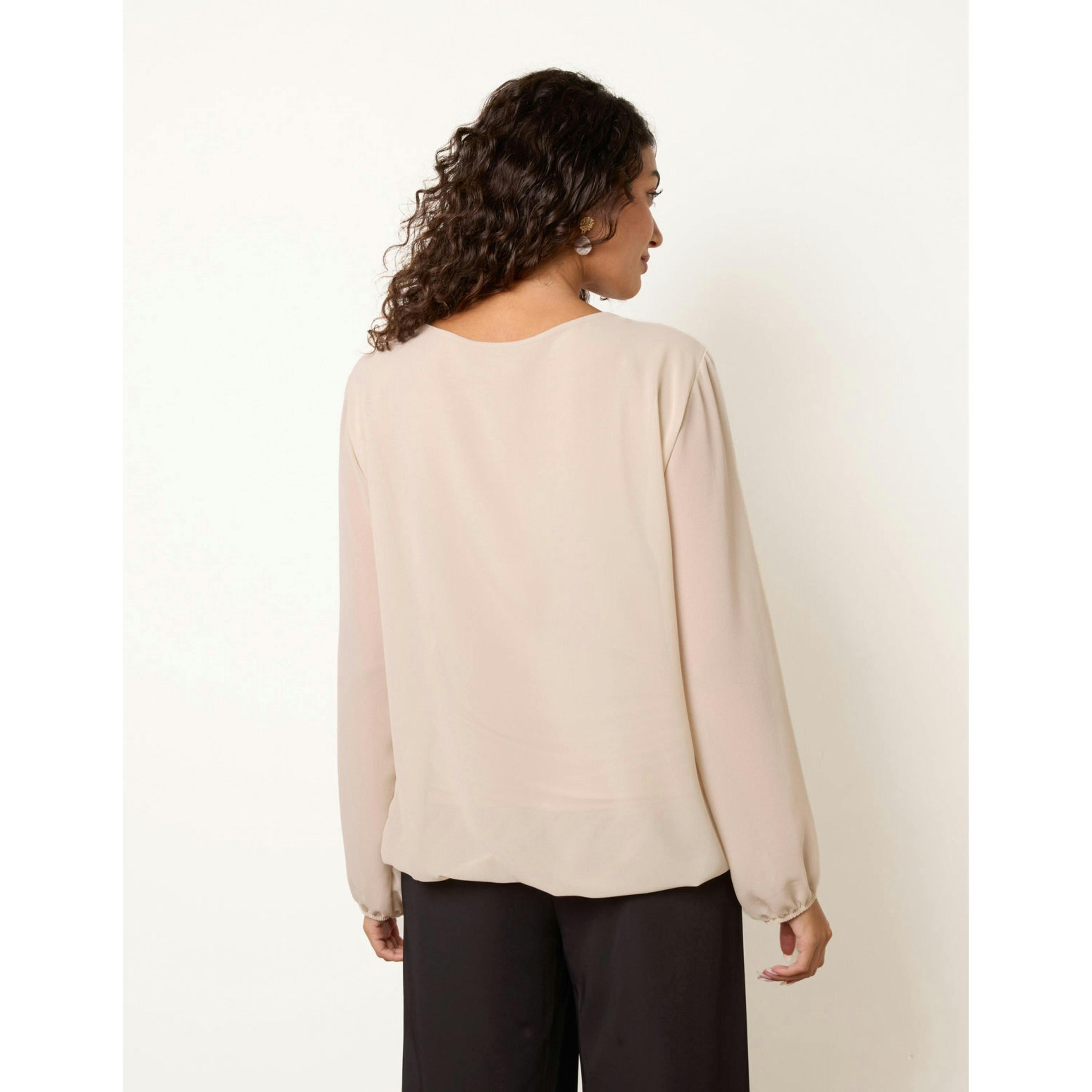 Blue Vanilla Puffball Round Neck Marble Button Blouse  in Beige , view 4 of 4