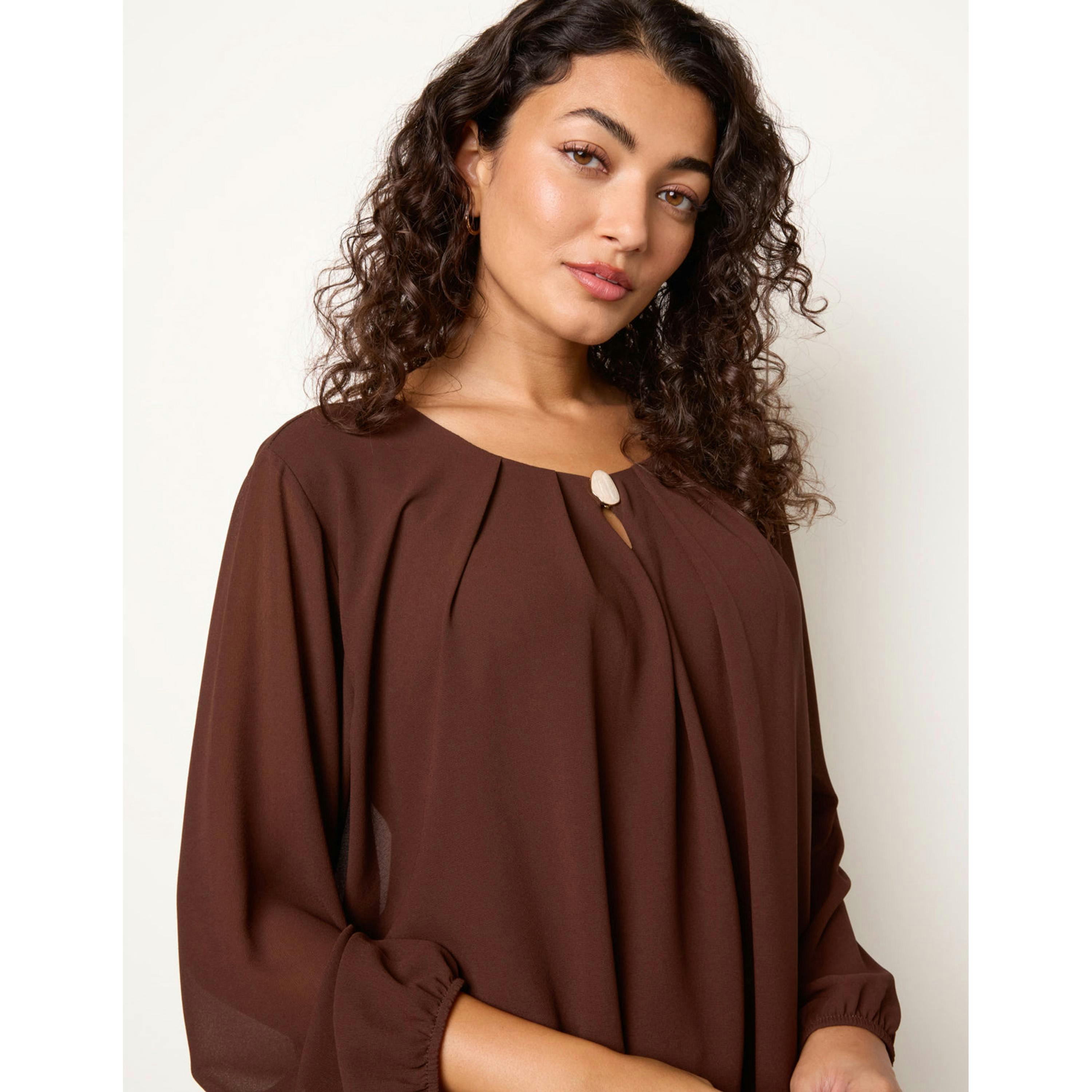 Blue Vanilla Puffball Round Neck Marble Button Blouse  in Brown , view 3 of 4