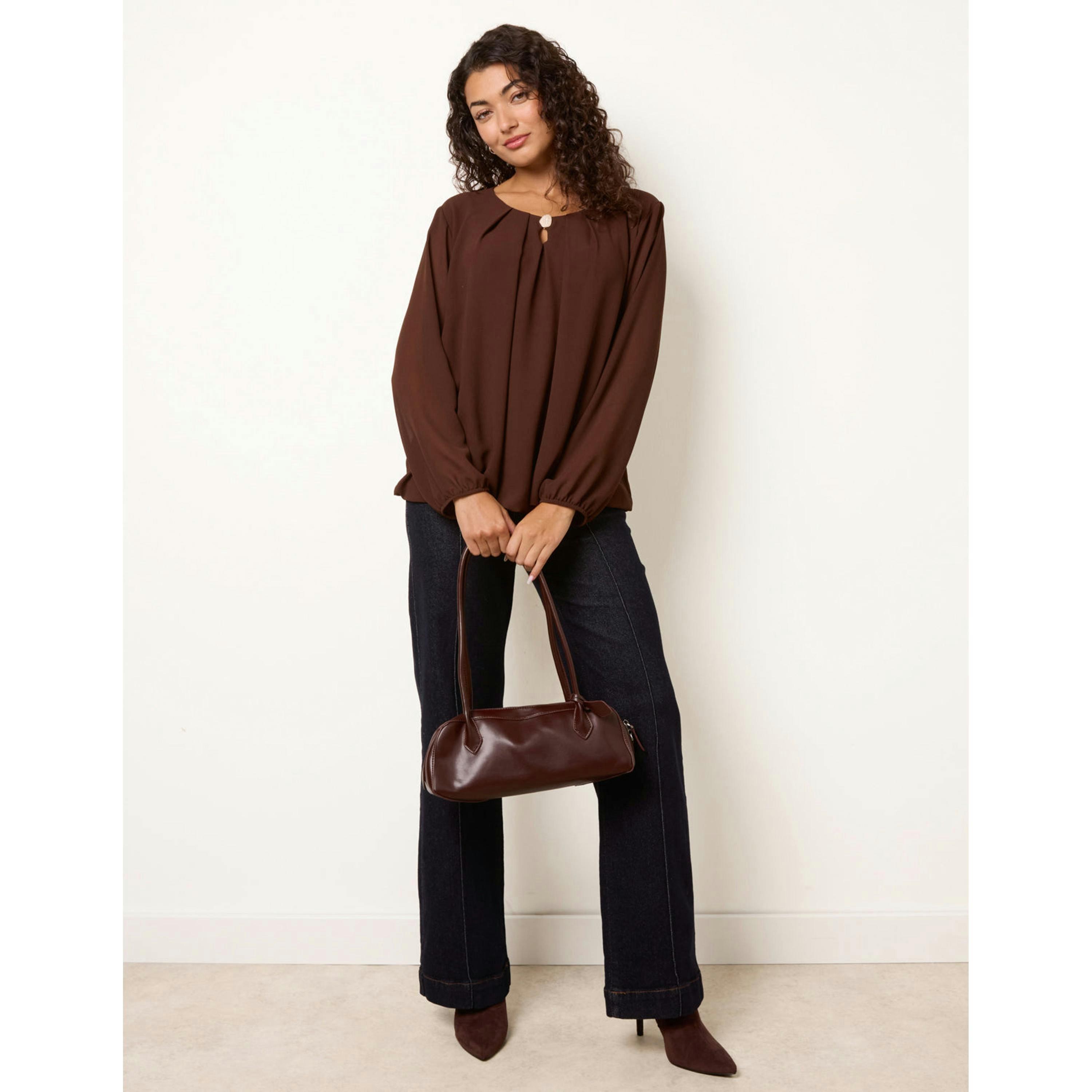Blue Vanilla Puffball Round Neck Marble Button Blouse  in Brown , view 4 of 4