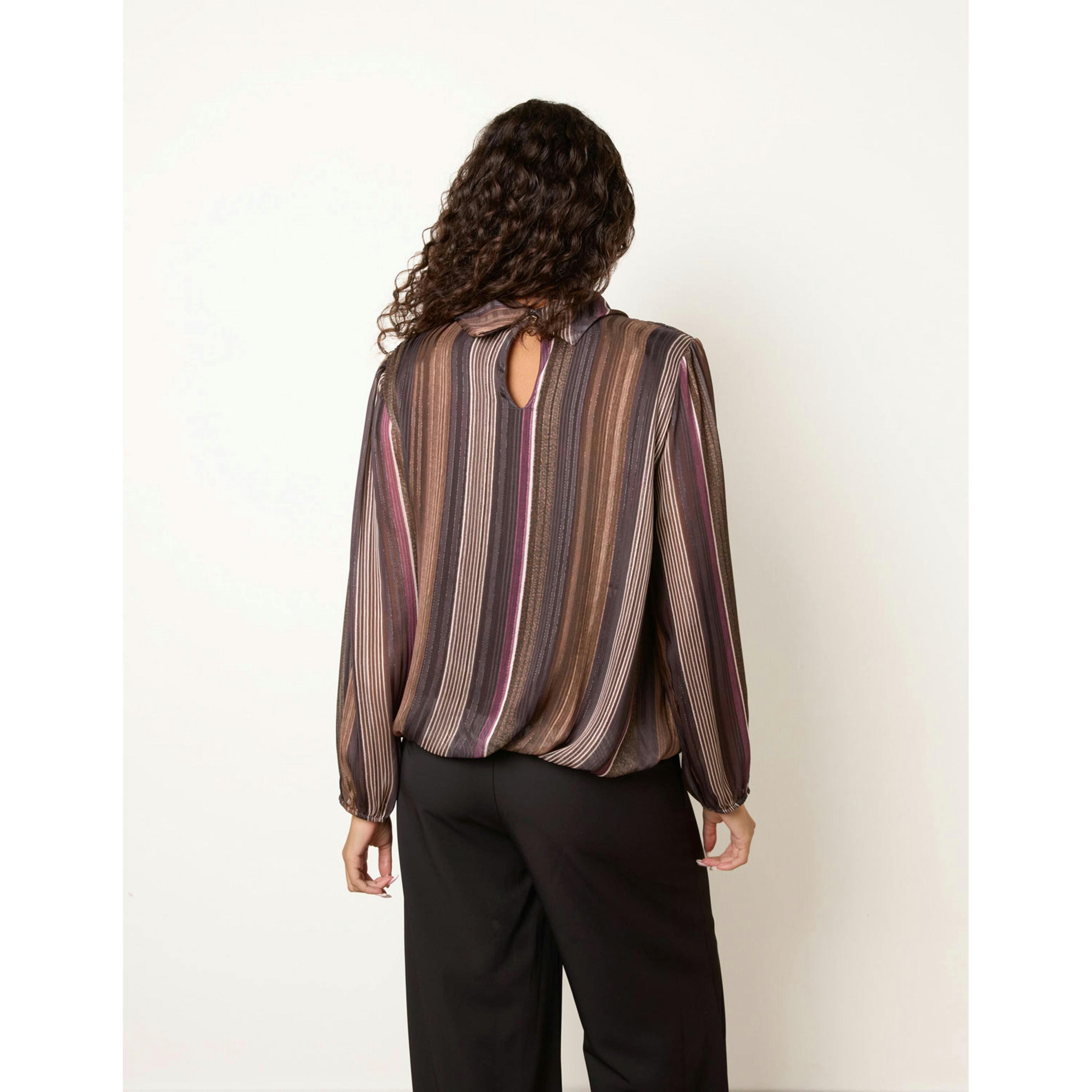 Blue Vanilla Metallic Vertical Multi Stripe Cowl Neck Blouse  in Brown , view 2 of 4