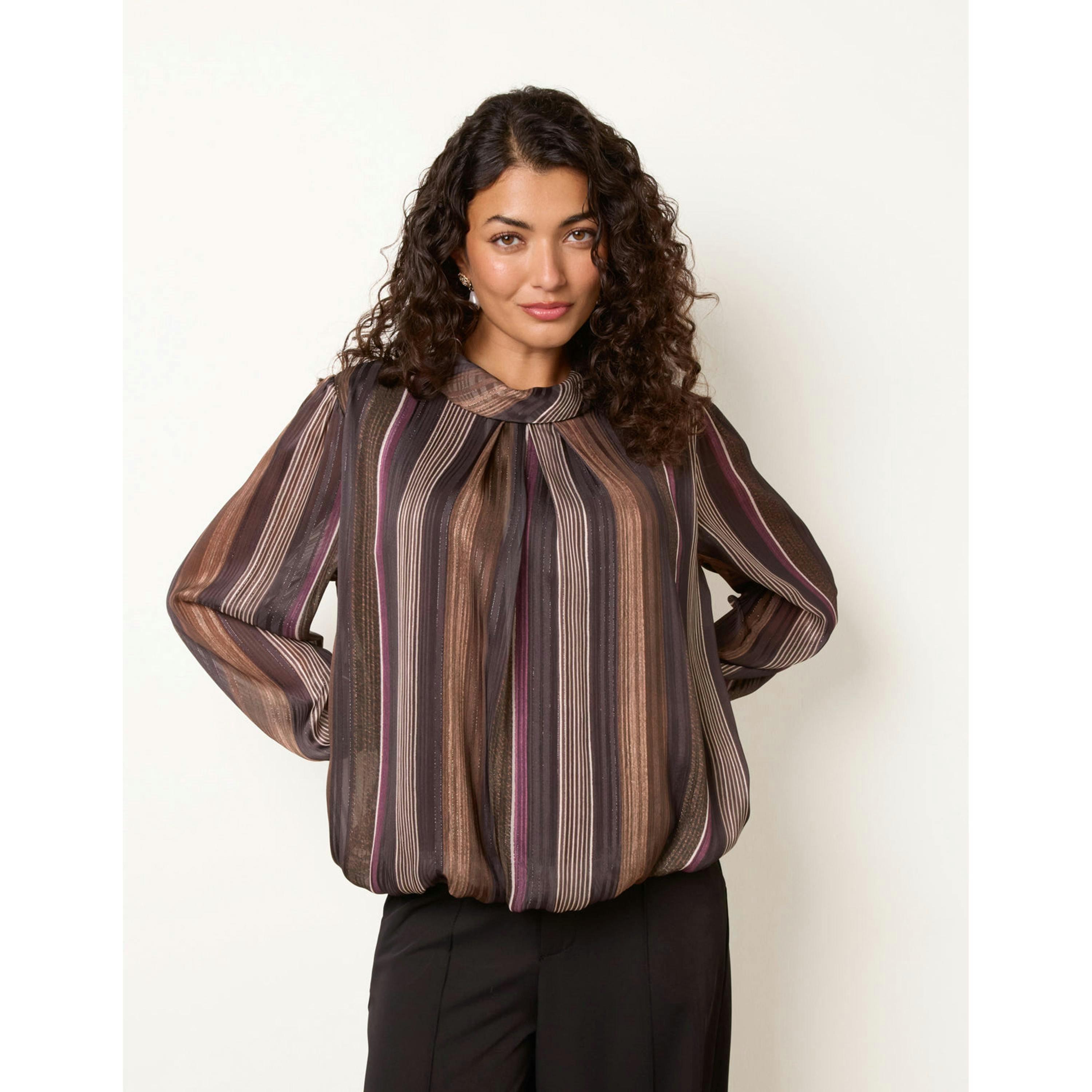 Blue Vanilla Metallic Vertical Multi Stripe Cowl Neck Blouse  in Brown , view 3 of 4