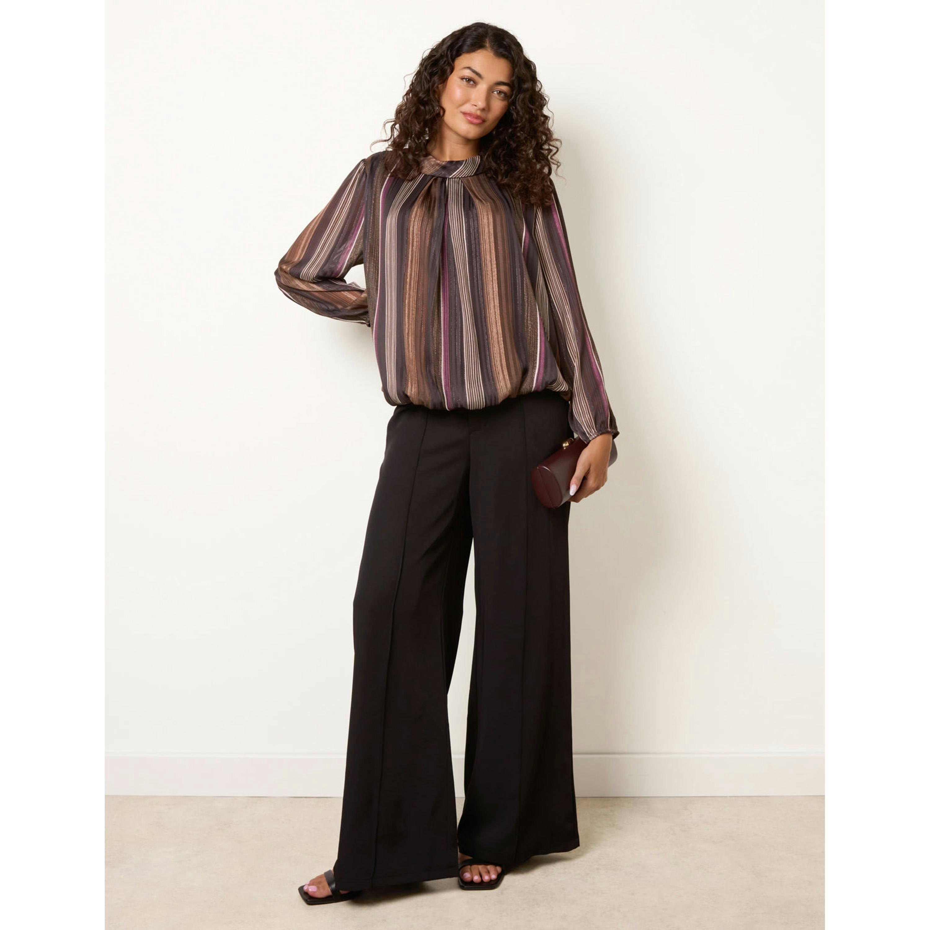 Blue Vanilla Metallic Vertical Multi Stripe Cowl Neck Blouse  in Brown , view 4 of 4