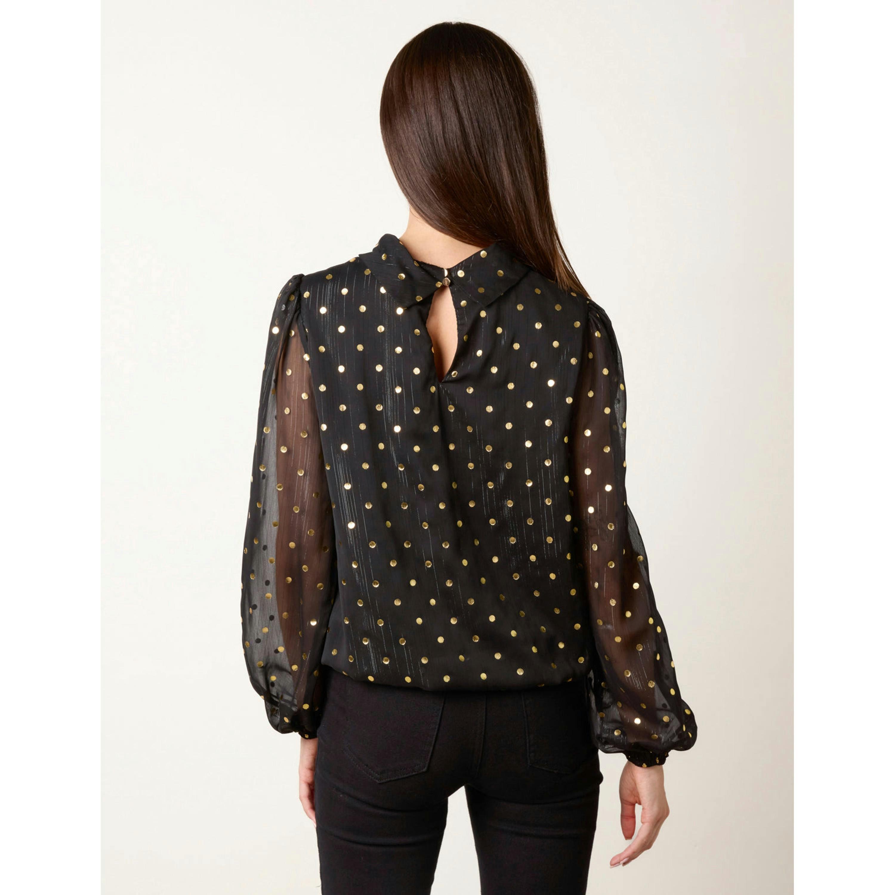Blue Vanilla Metallic Polka Dot Puff Ball Blouse  in Black , view 2 of 4