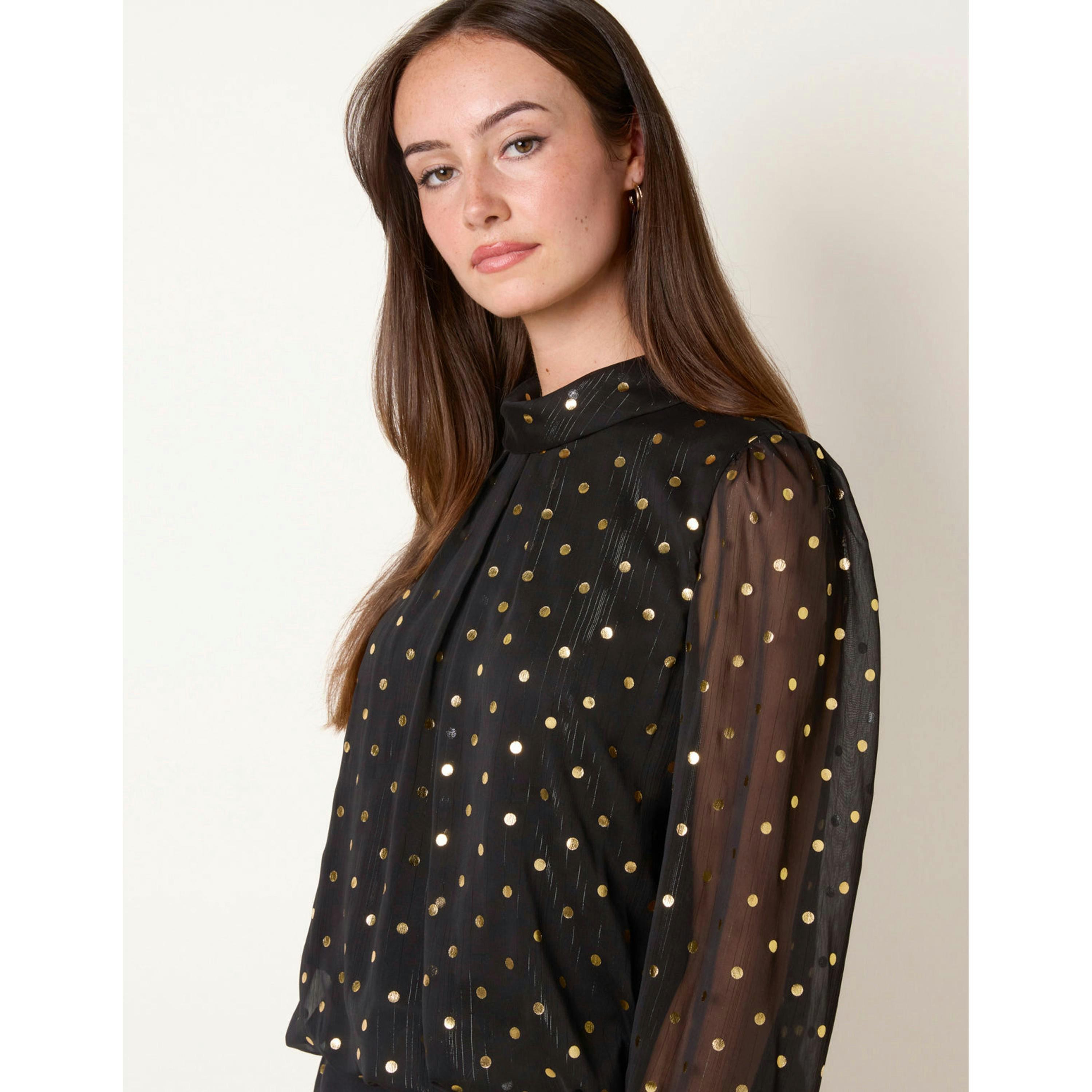 Blue Vanilla Metallic Polka Dot Puff Ball Blouse  in Black , view 3 of 4