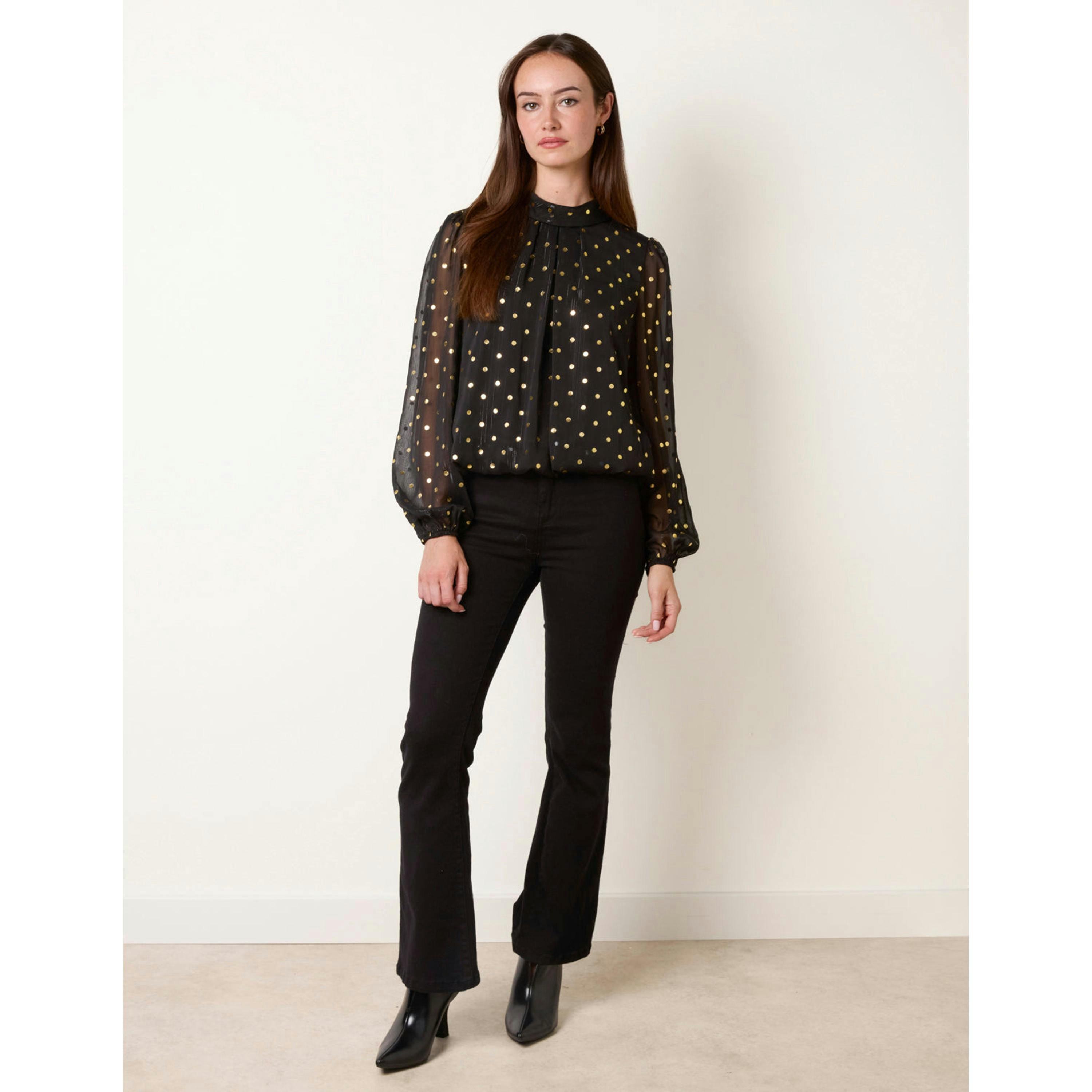 Blue Vanilla Metallic Polka Dot Puff Ball Blouse  in Black , view 4 of 4