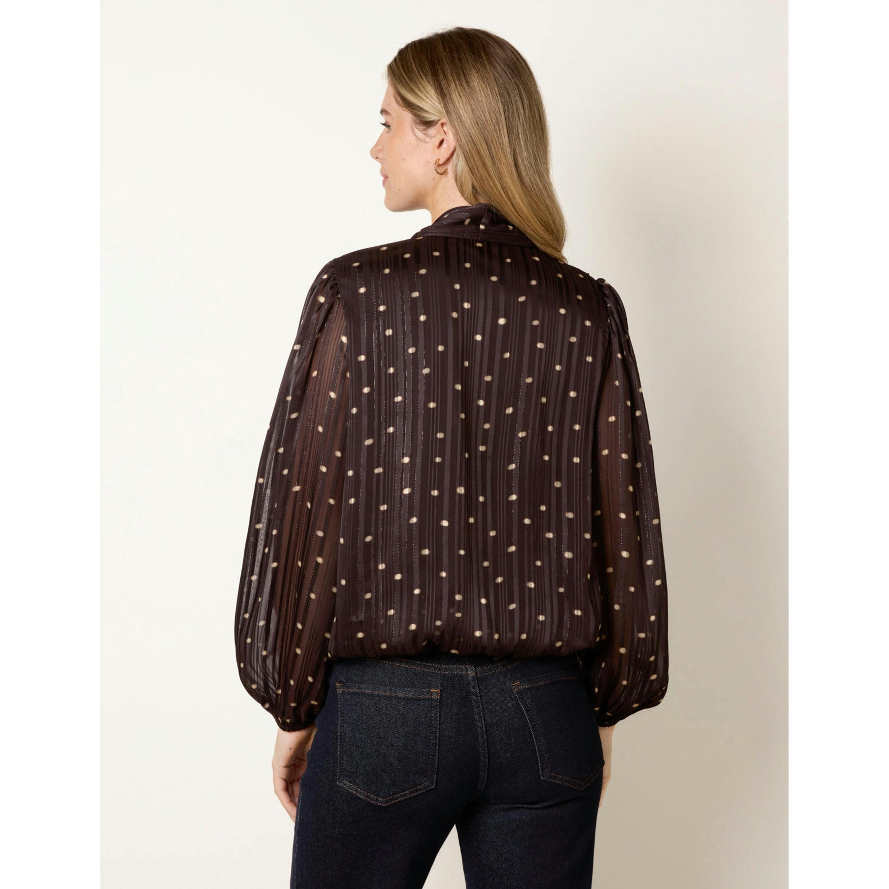 Blue Vanilla Metallic Polka Dot V Neck Tie Puff Ball Blouse  in Brown , view 2 of 4