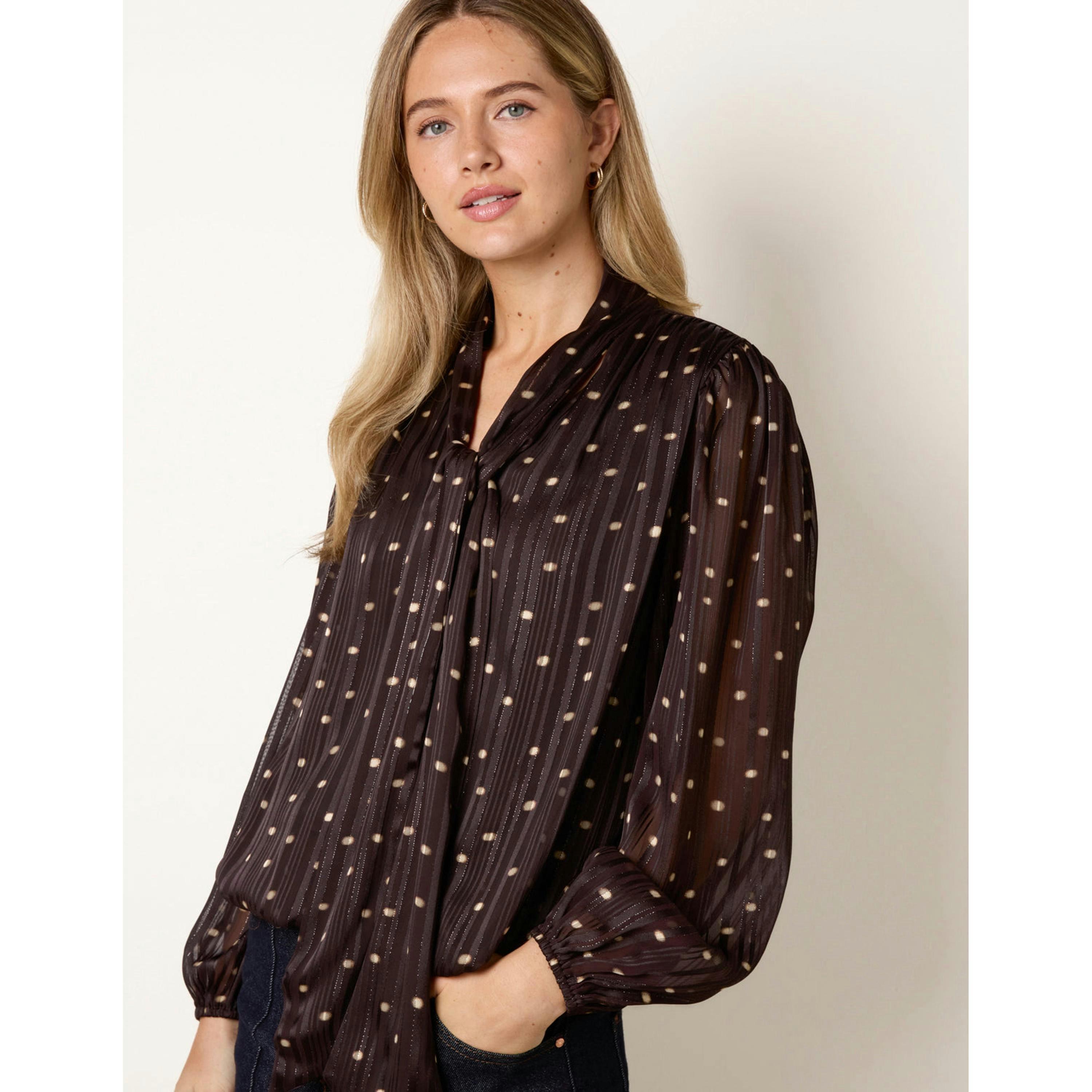Blue Vanilla Metallic Polka Dot V Neck Tie Puff Ball Blouse  in Brown , view 4 of 4