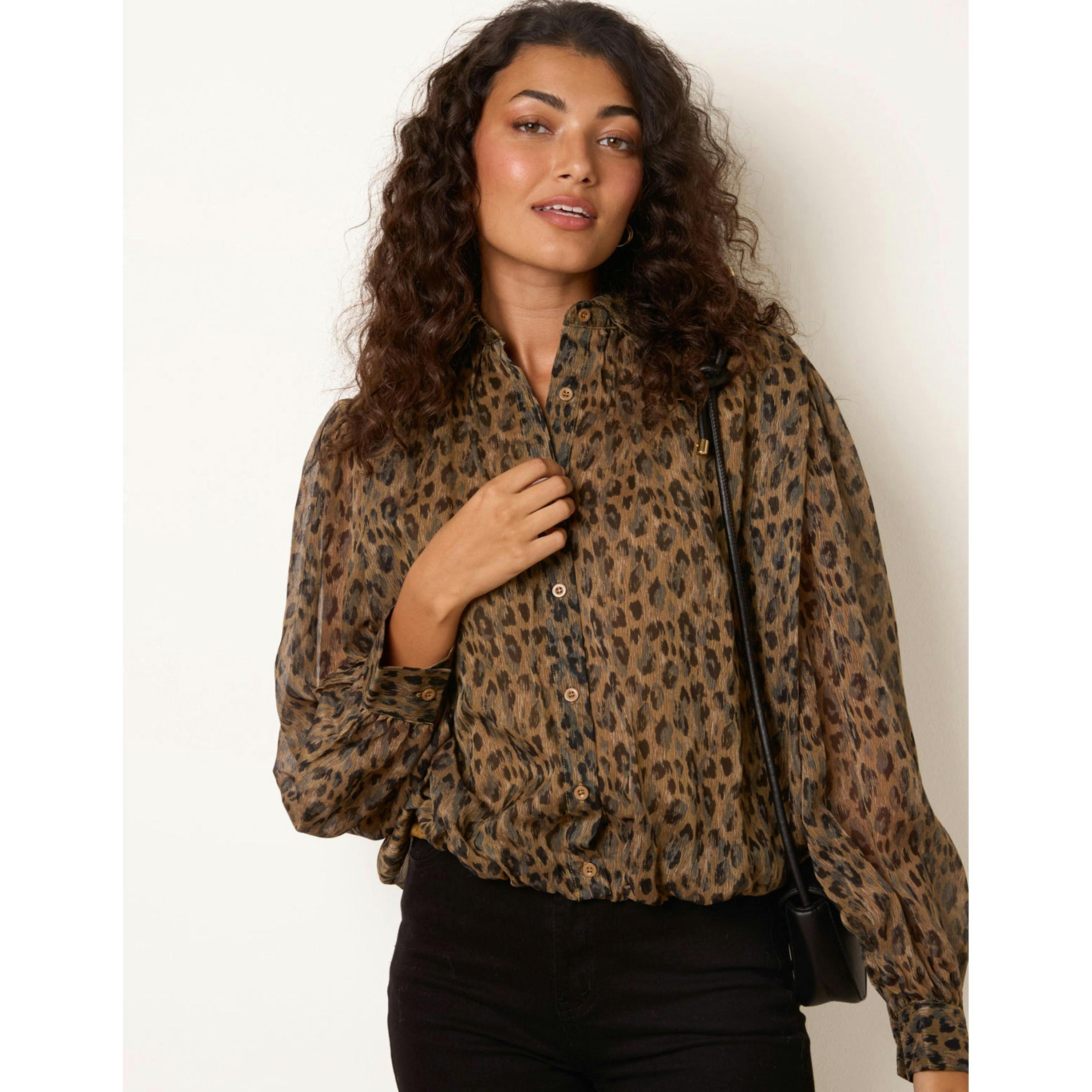 Blue Vanilla Leopard Mesh Puff Ball Shirt  in Brown , view 2 of 4