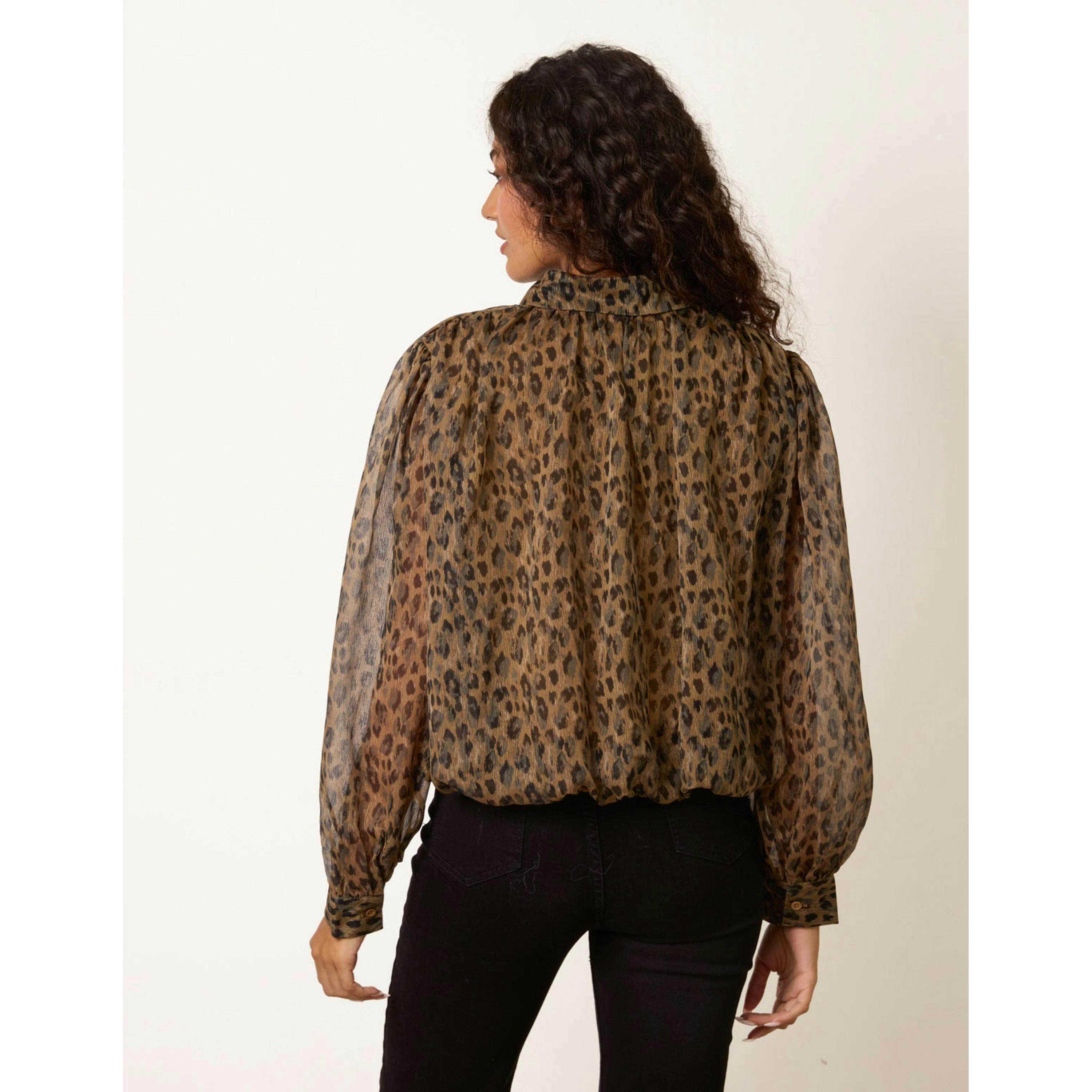 Blue Vanilla Leopard Mesh Puff Ball Shirt  in Brown , view 4 of 4