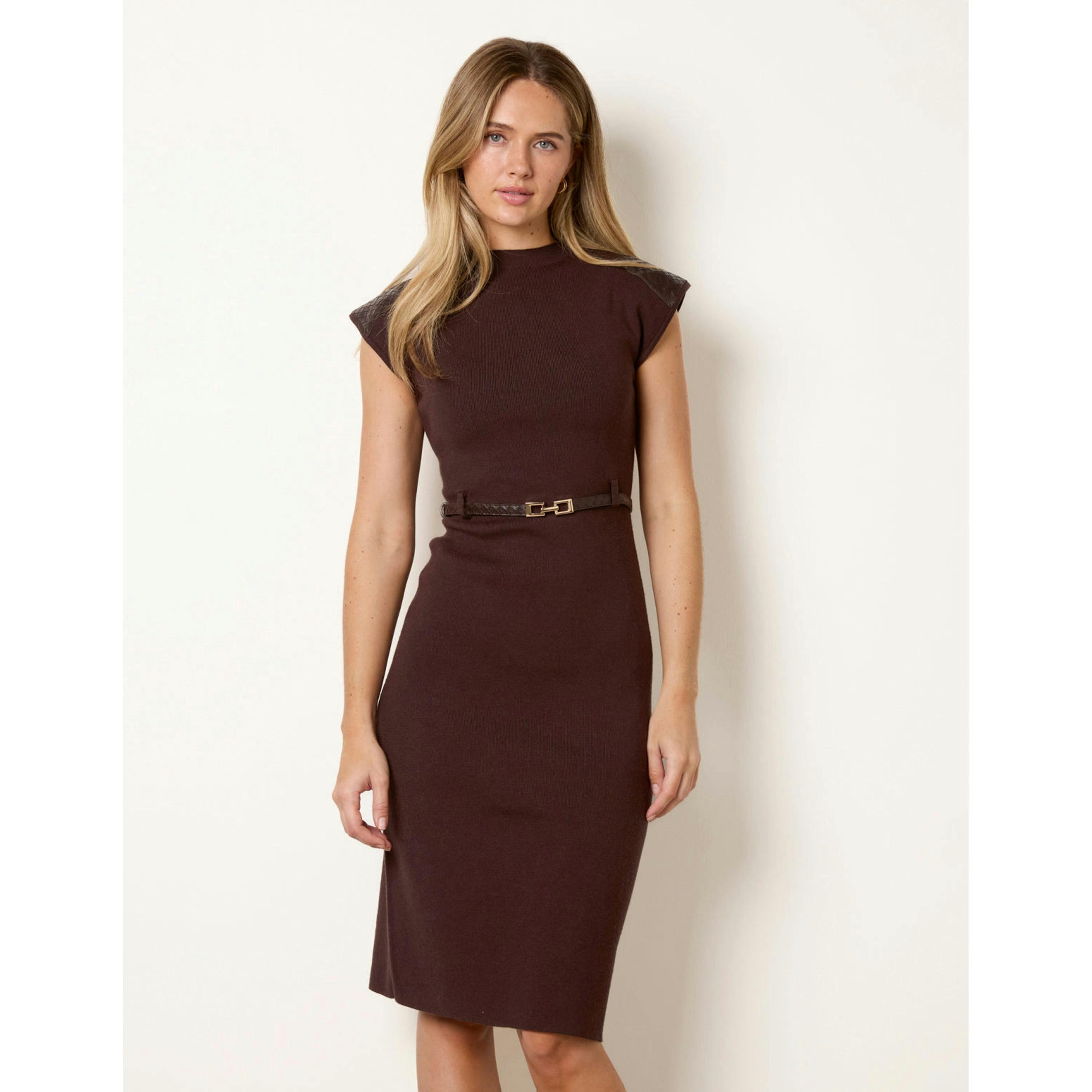 Blue Vanilla Sleeveless Woven PU Leather Detailed Shoulder Midi Dress With Belt  in Brown , view 4 of 4