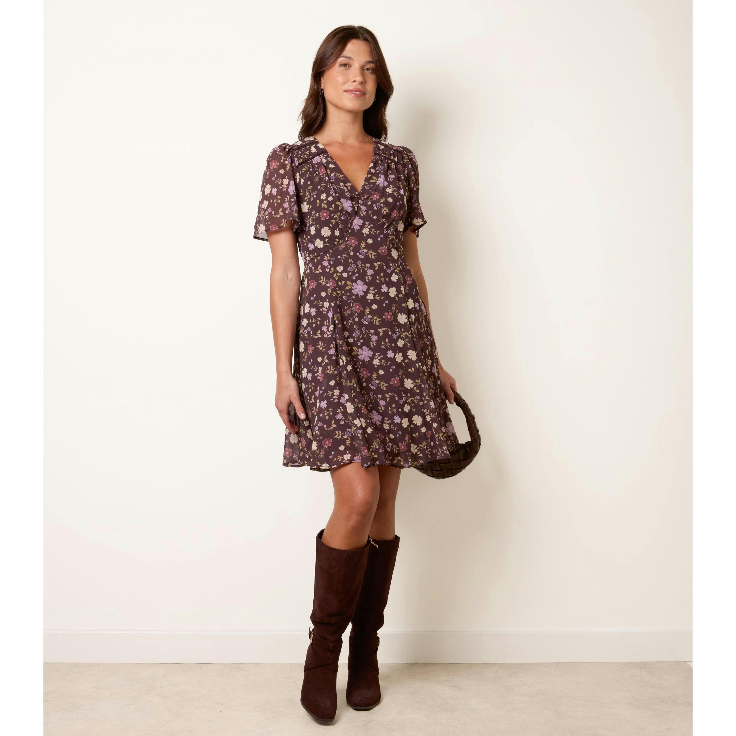 Blue Vanilla V Neck Floral Mini Dress  in Brown , view 2 of 4