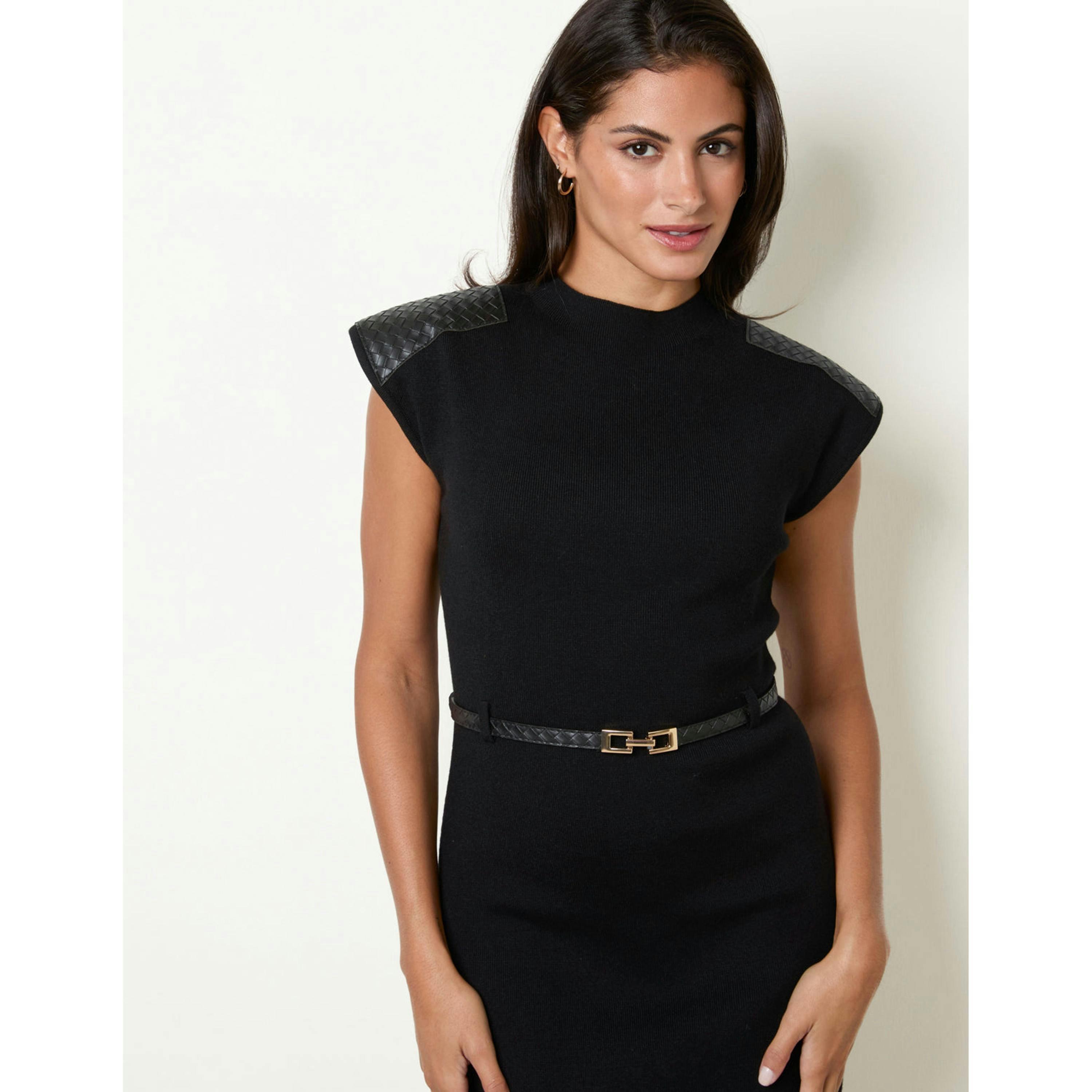 Blue Vanilla Sleeveless Woven PU Leather Detailed Shoulder Midi Dress With Belt  in Black , view 2 of 4