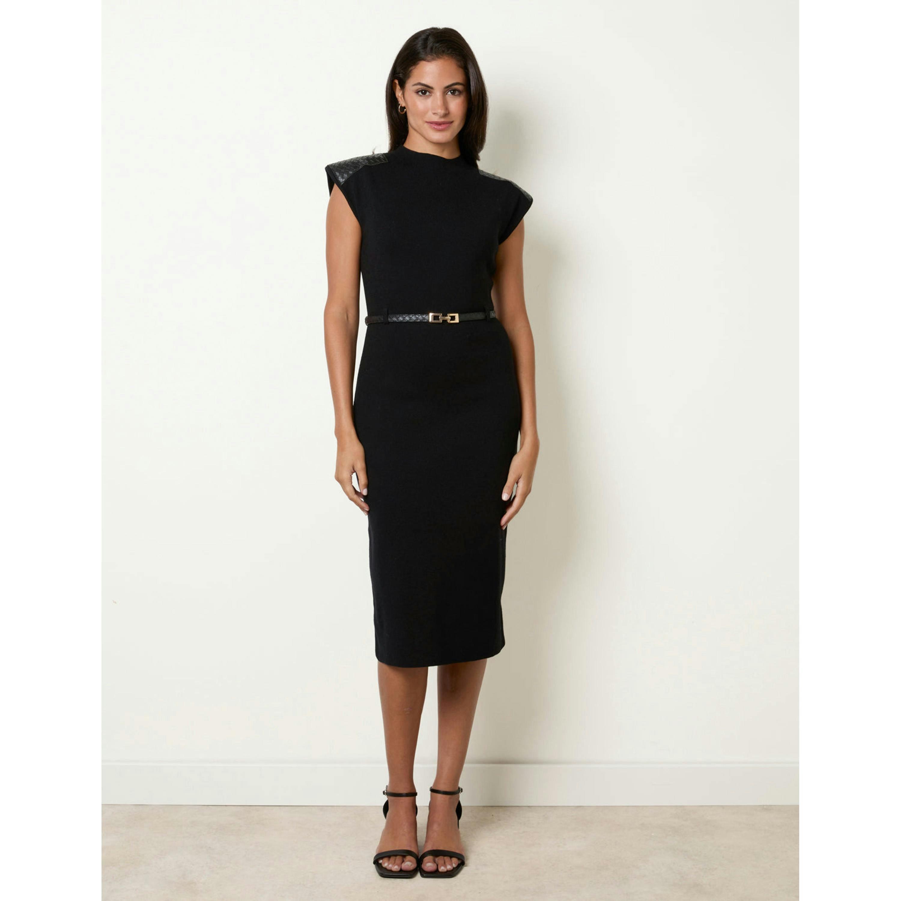 Blue Vanilla Sleeveless Woven PU Leather Detailed Shoulder Midi Dress With Belt  in Black , view 3 of 4