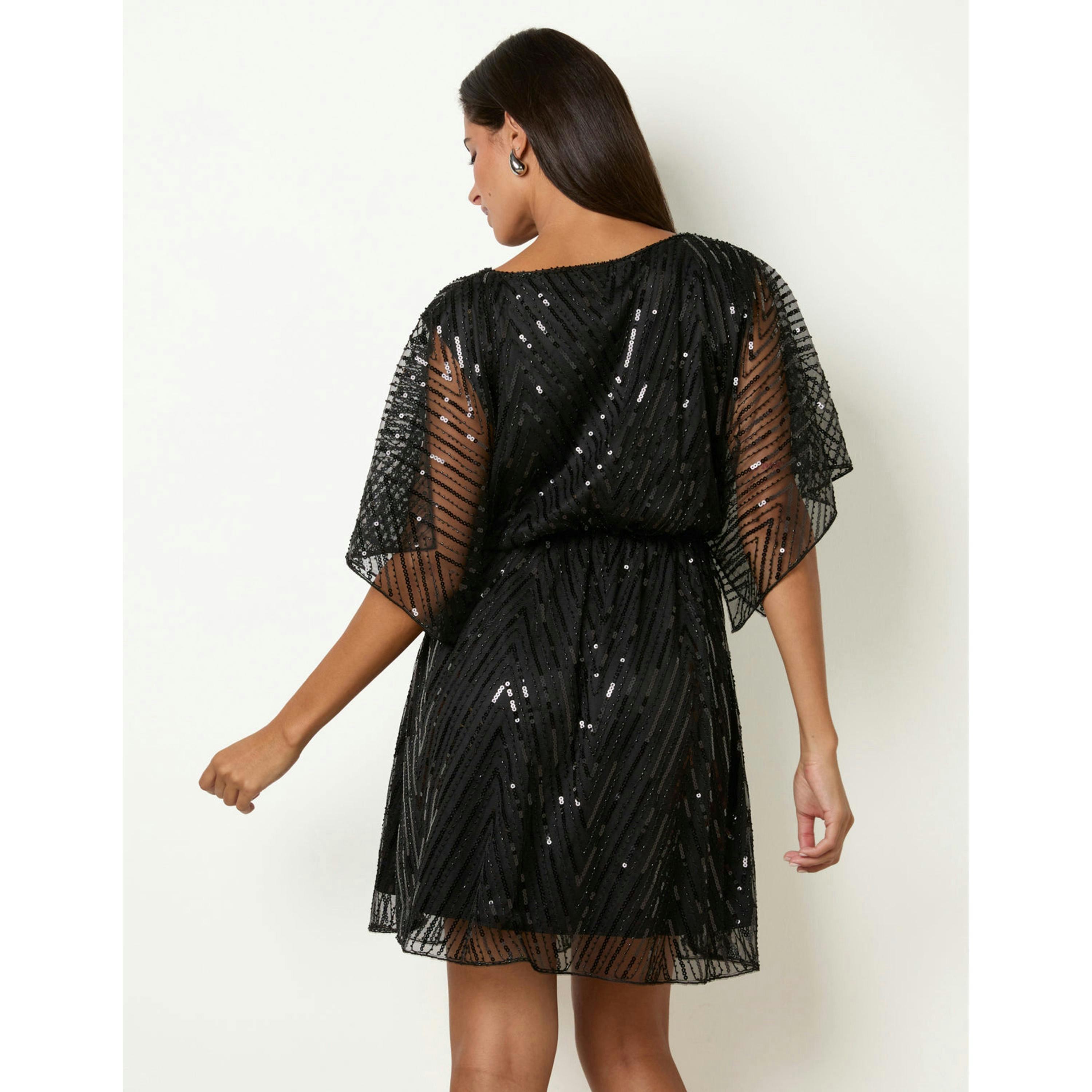 Blue Vanilla Sequin And Embellished Chevron Dress  in Black , view 2 of 4