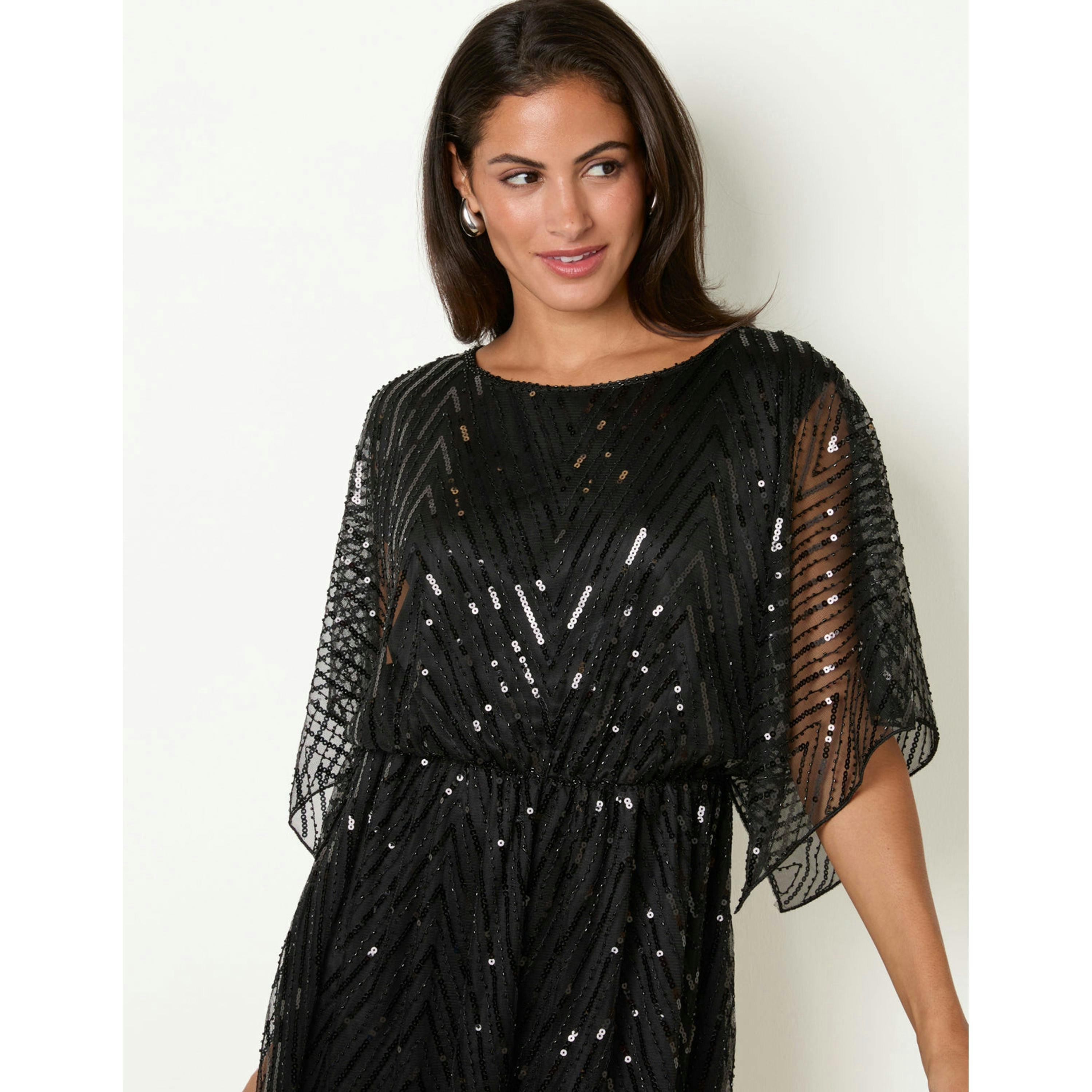 Blue Vanilla Sequin And Embellished Chevron Dress  in Black , view 4 of 4