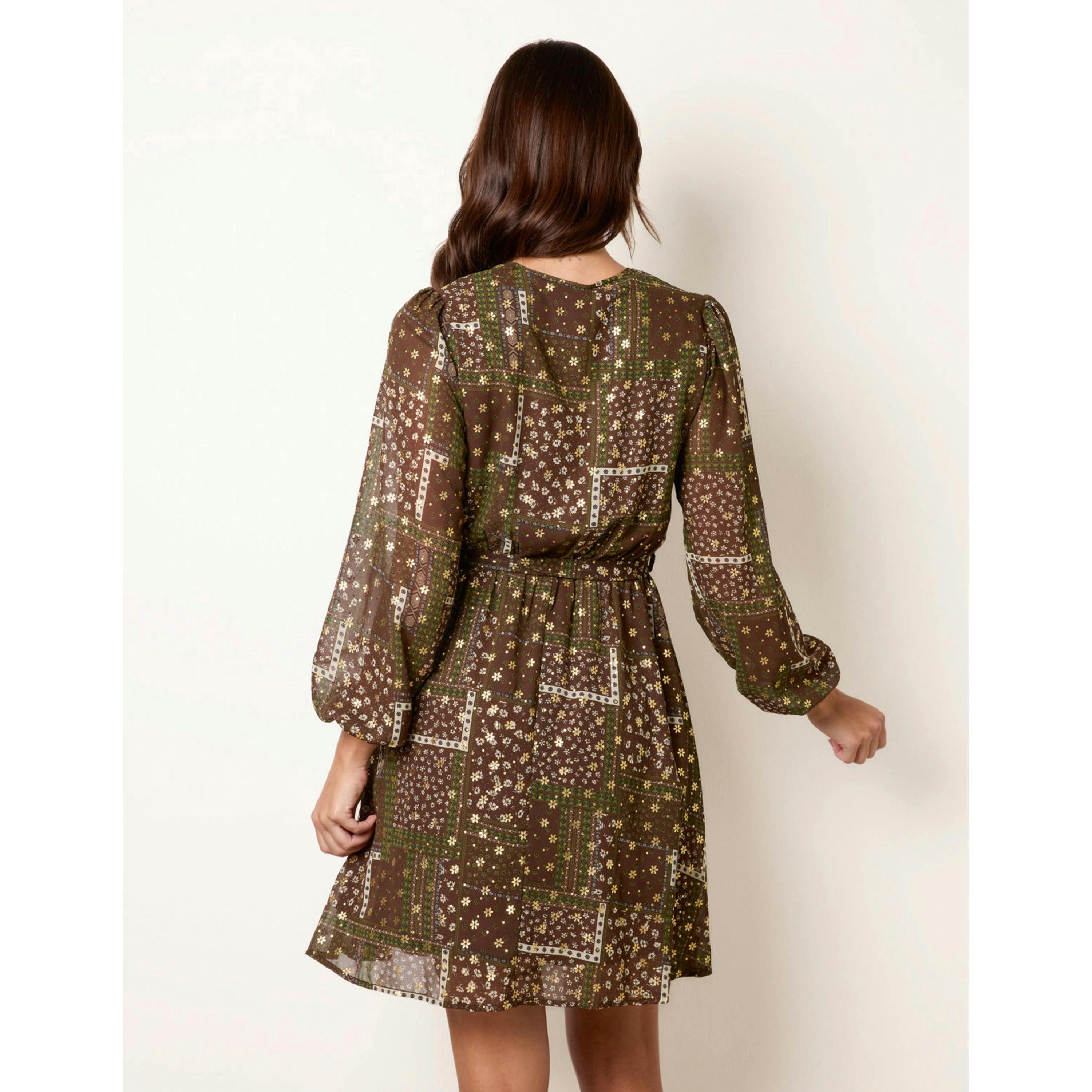 Blue Vanilla Patchwork Wrap Long Sleeve Dress  in Black , view 2 of 4