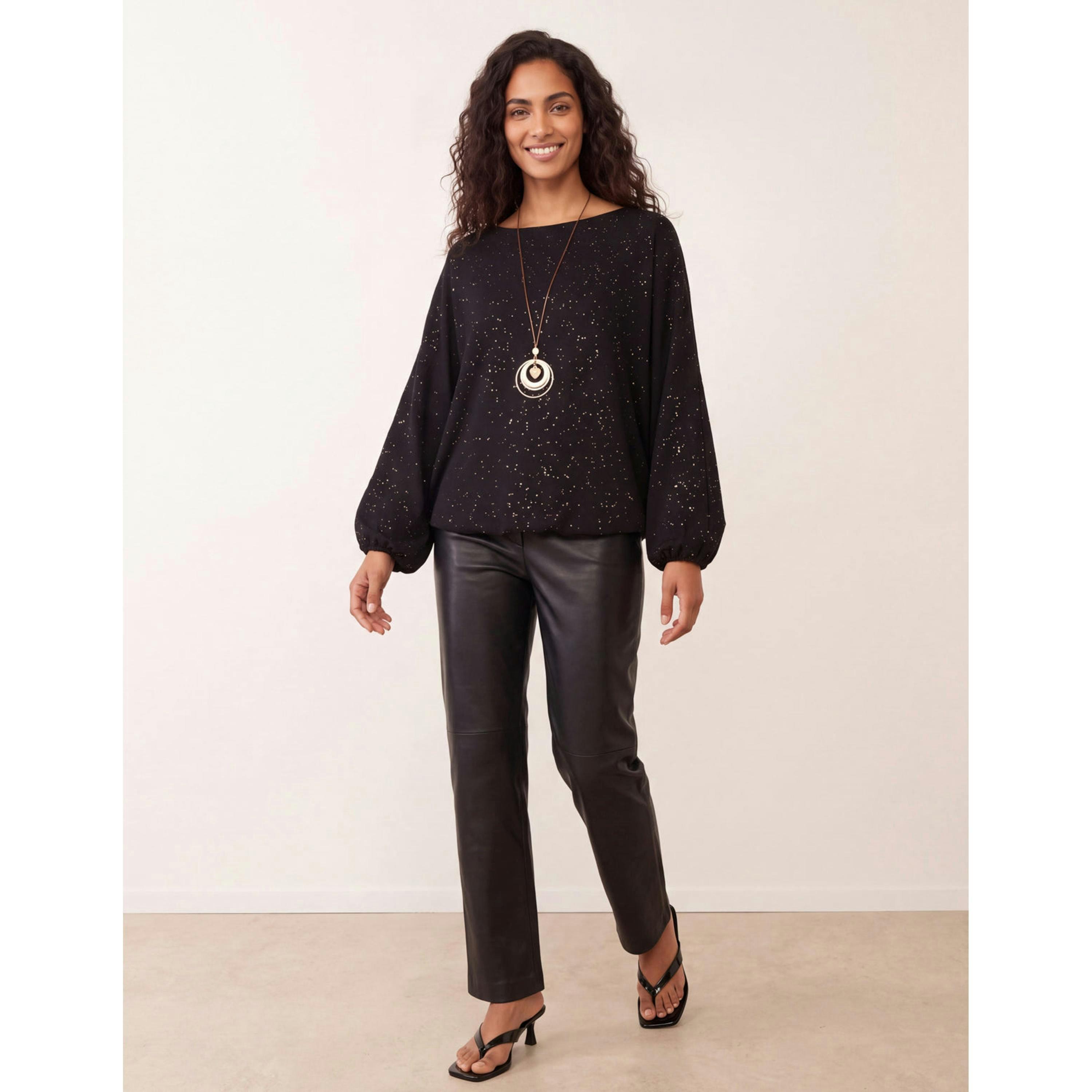 Blue Vanilla Splash Foil Printed Top  in Black , view 3 of 4
