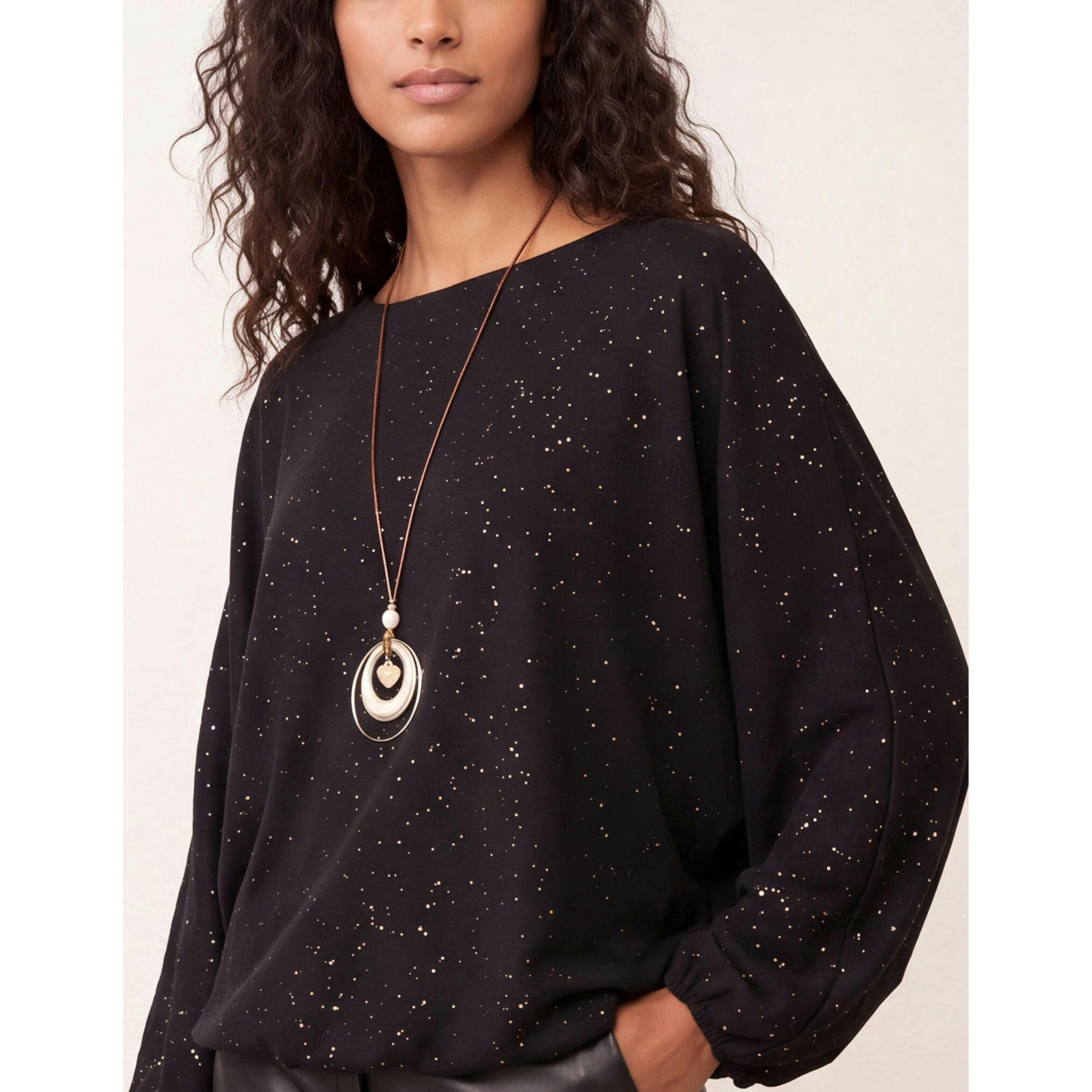 Blue Vanilla Splash Foil Printed Top  in Black , view 4 of 4