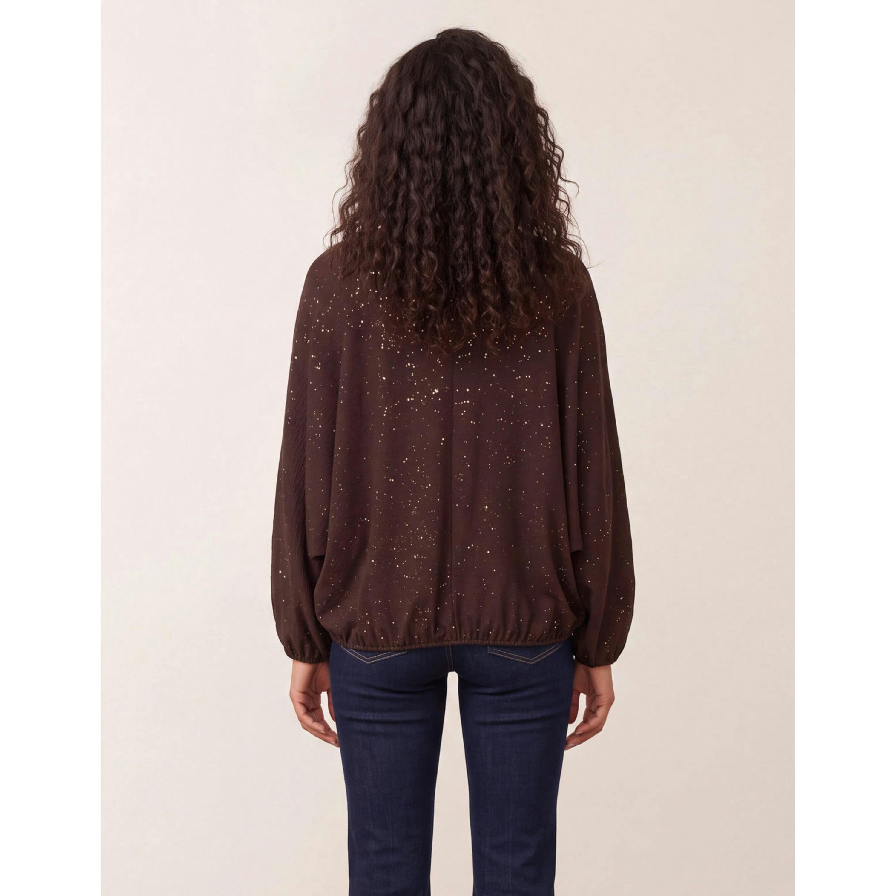 Blue Vanilla Splash Foil Printed Top  in Brown , view 2 of 4