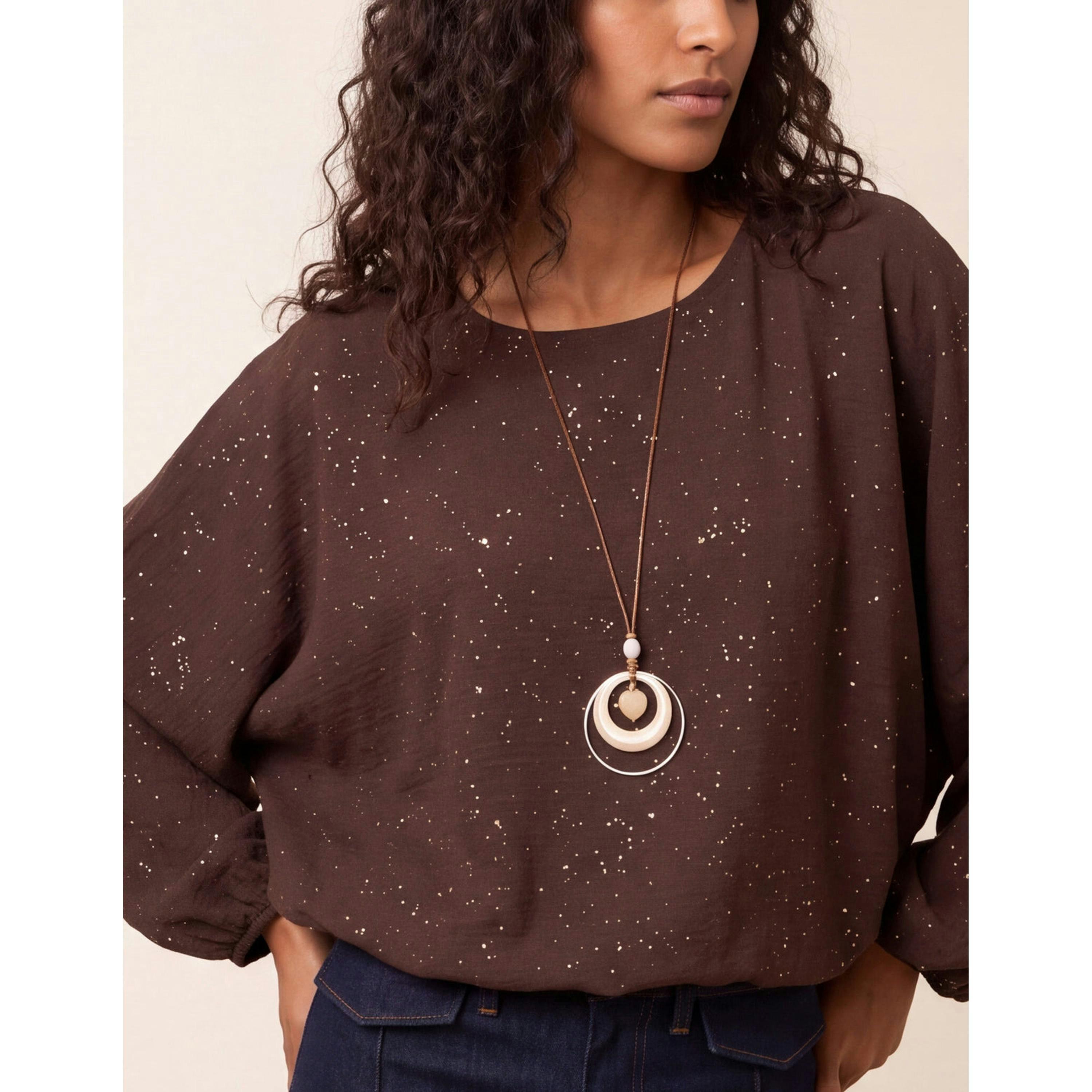 Blue Vanilla Splash Foil Printed Top  in Brown , view 3 of 4