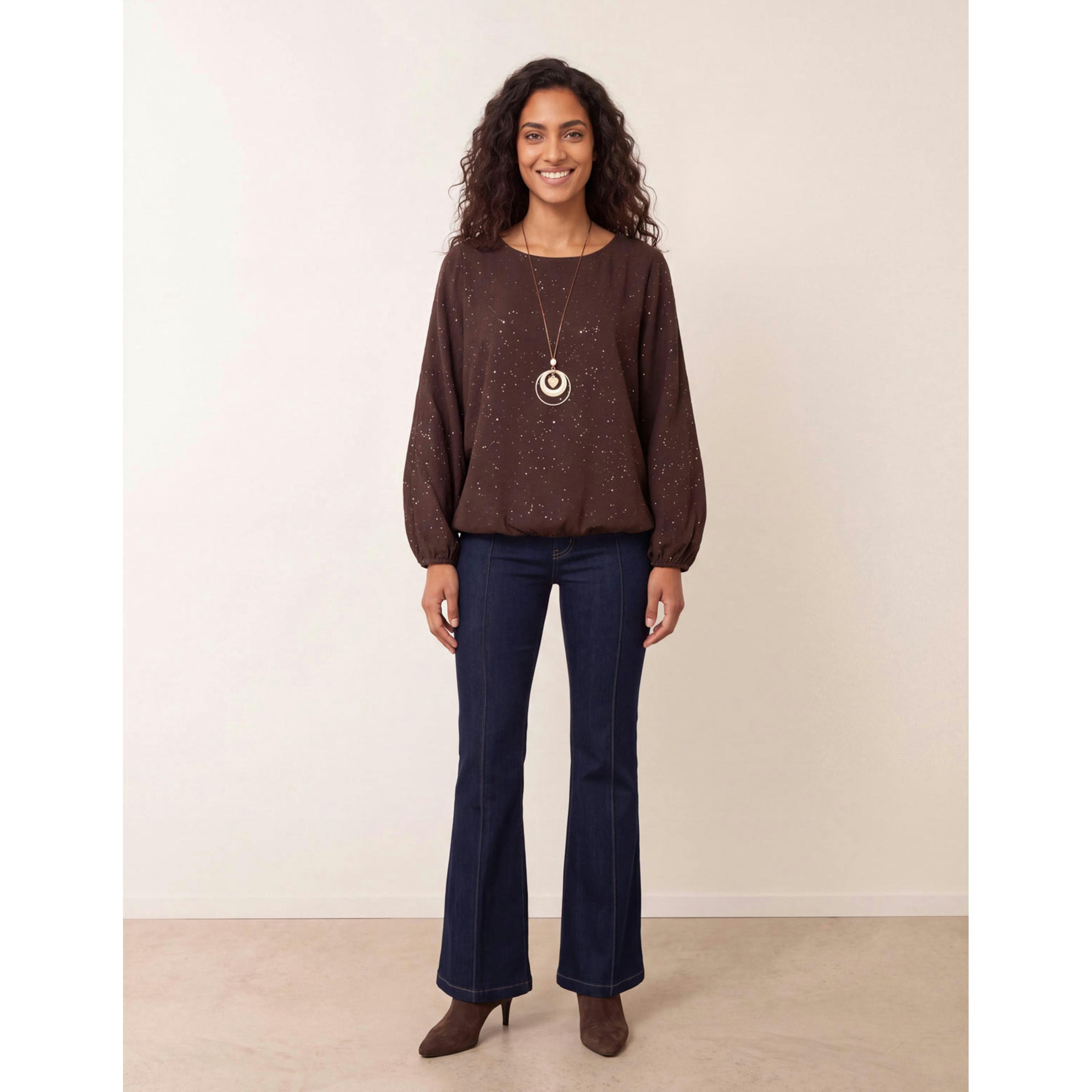 Blue Vanilla Splash Foil Printed Top  in Brown , view 4 of 4