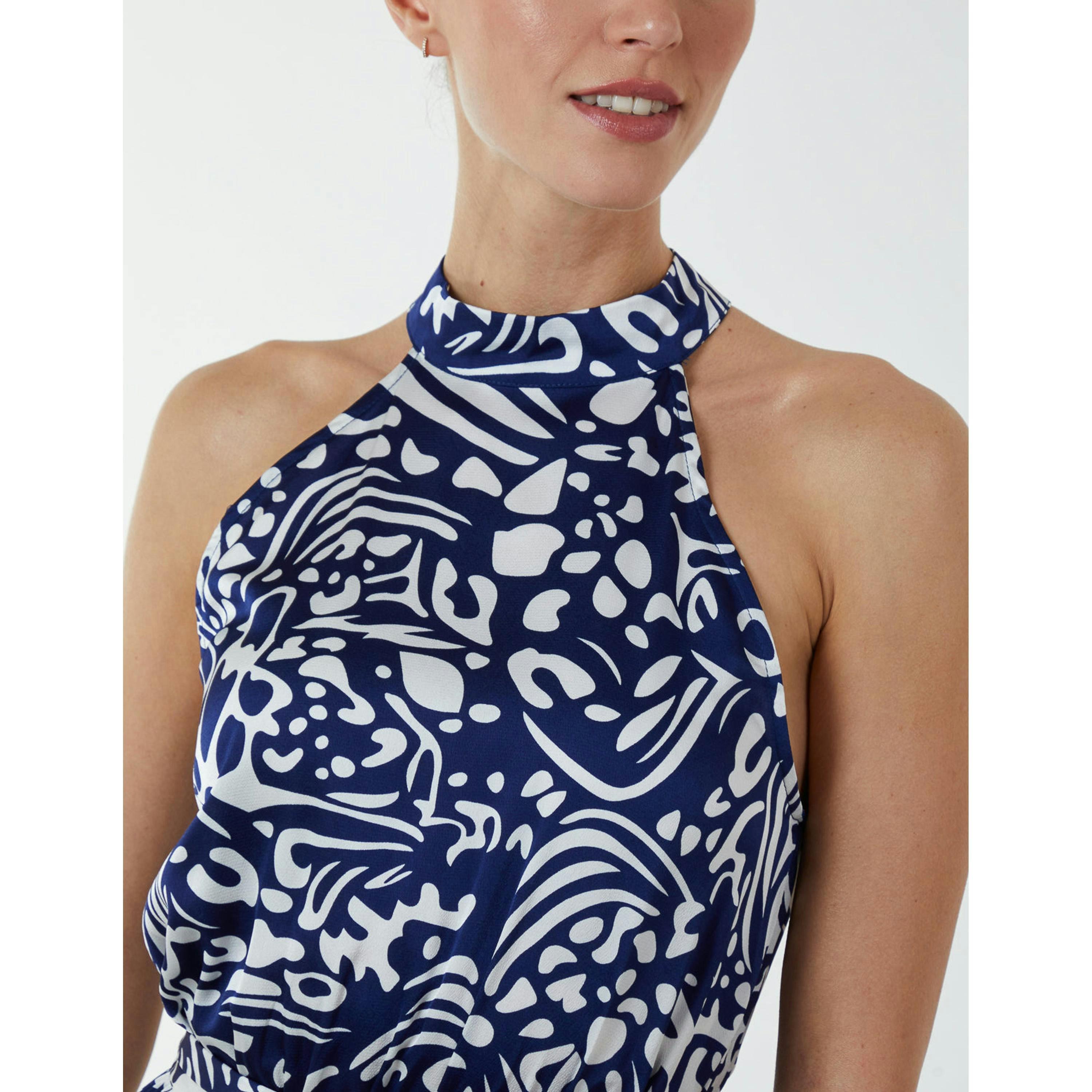 Blue Vanilla Abstract Print Halter Neck High Low Midi Wrap Dress  in Navy , view 2 of 5
