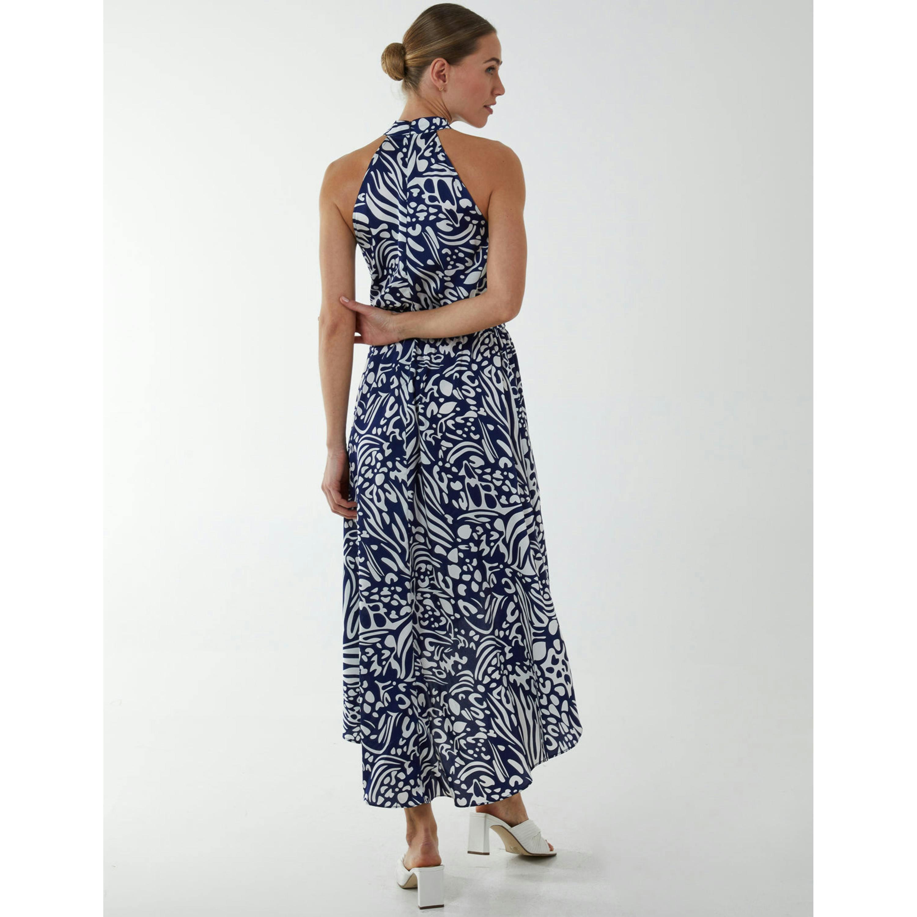 Blue Vanilla Abstract Print Halter Neck High Low Midi Wrap Dress  in Navy , view 3 of 5
