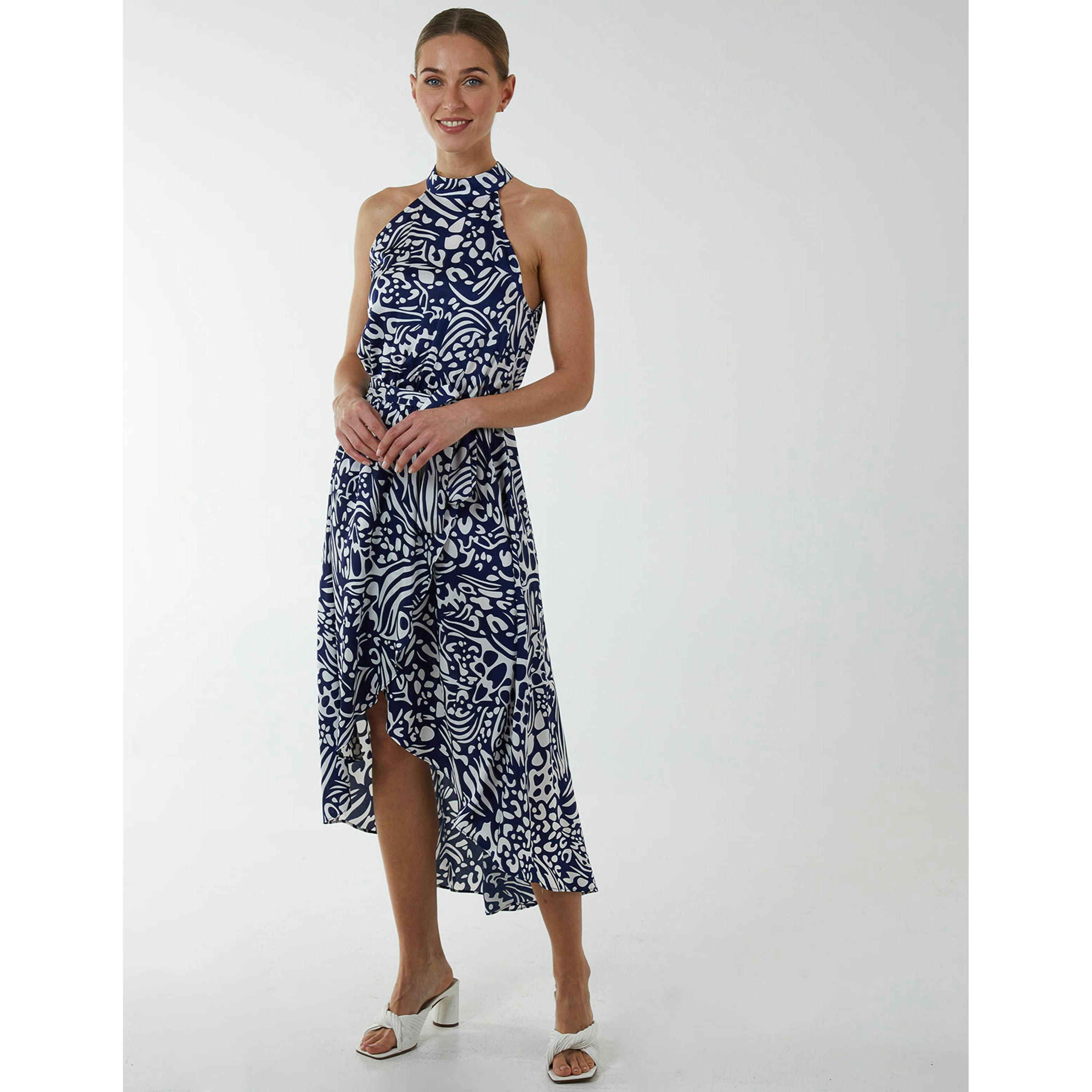 Blue Vanilla Abstract Print Halter Neck High Low Midi Wrap Dress  in Navy , view 4 of 5