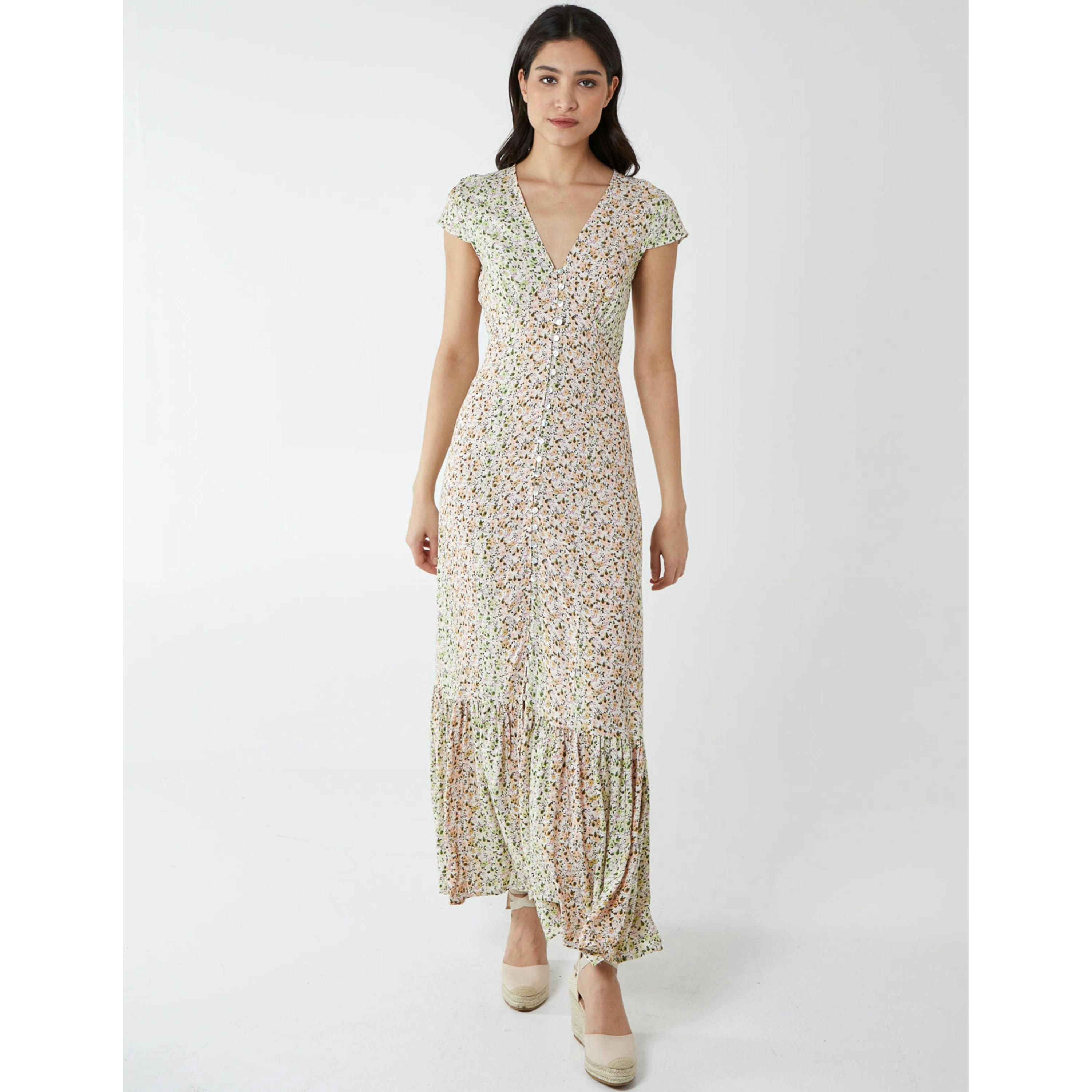Blue Vanilla Ditsy Print Cap Sleeves Button Front Midi Dress  in Yellow , view 2 of 6