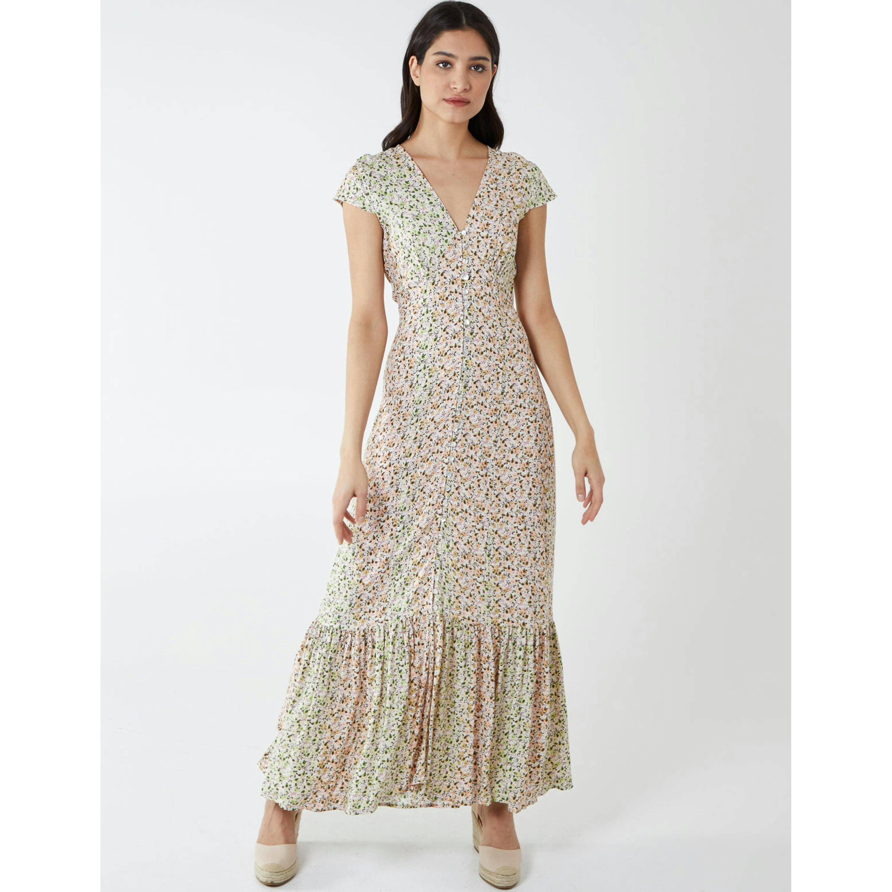 Blue Vanilla Ditsy Print Cap Sleeves Button Front Midi Dress  in Yellow , view 3 of 6