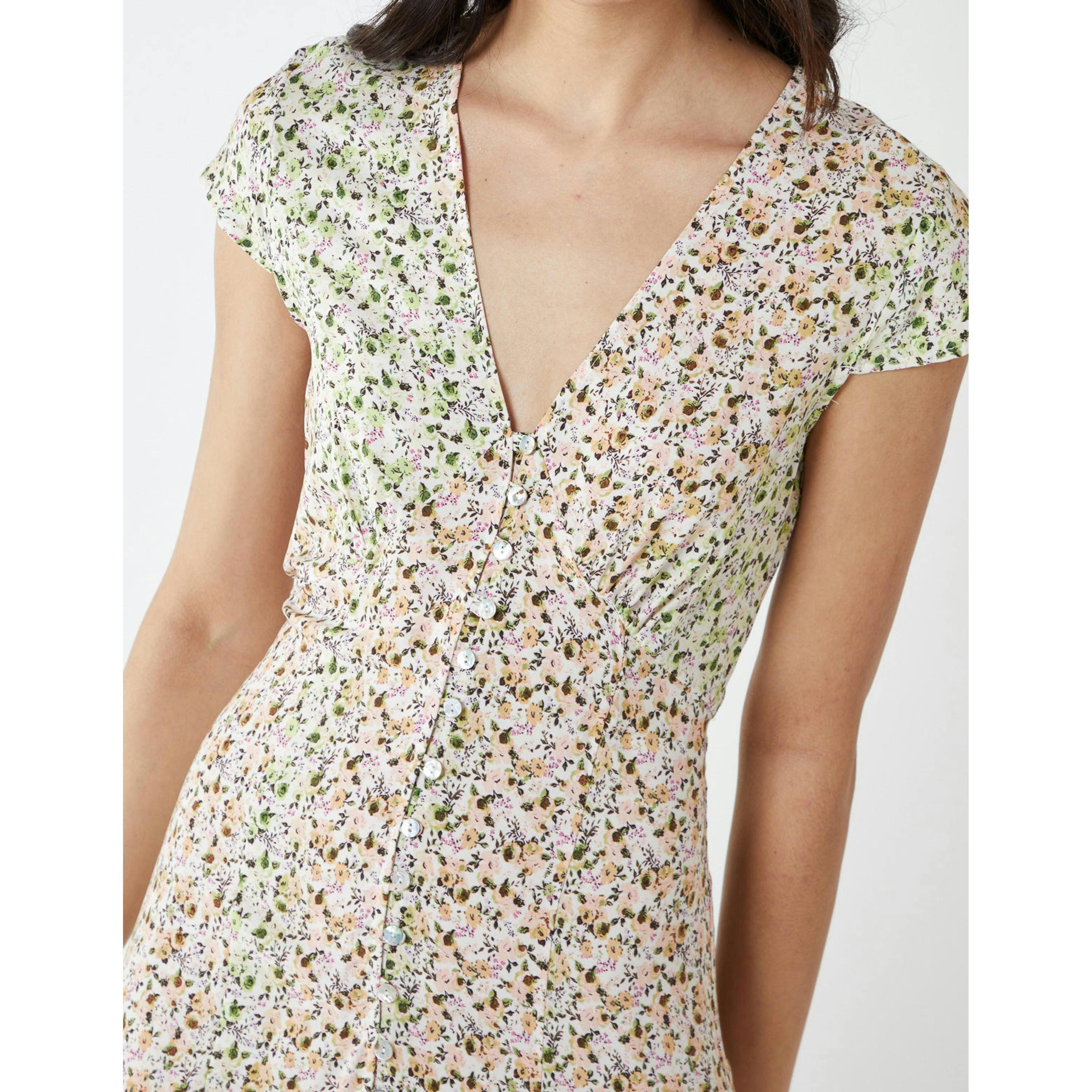 Blue Vanilla Ditsy Print Cap Sleeves Button Front Midi Dress  in Yellow , view 5 of 6