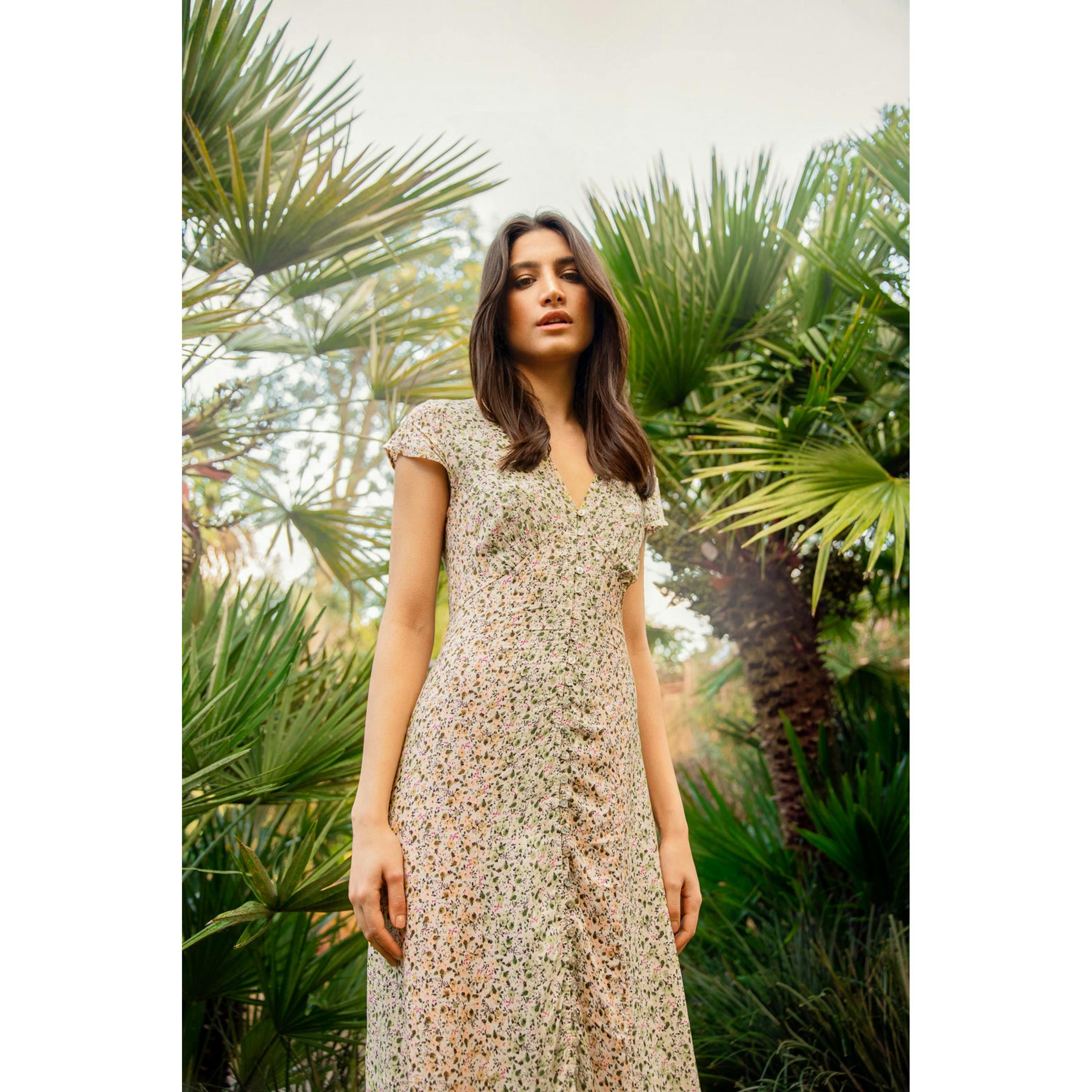 Blue Vanilla Ditsy Print Cap Sleeves Button Front Midi Dress  in Yellow , view 6 of 6