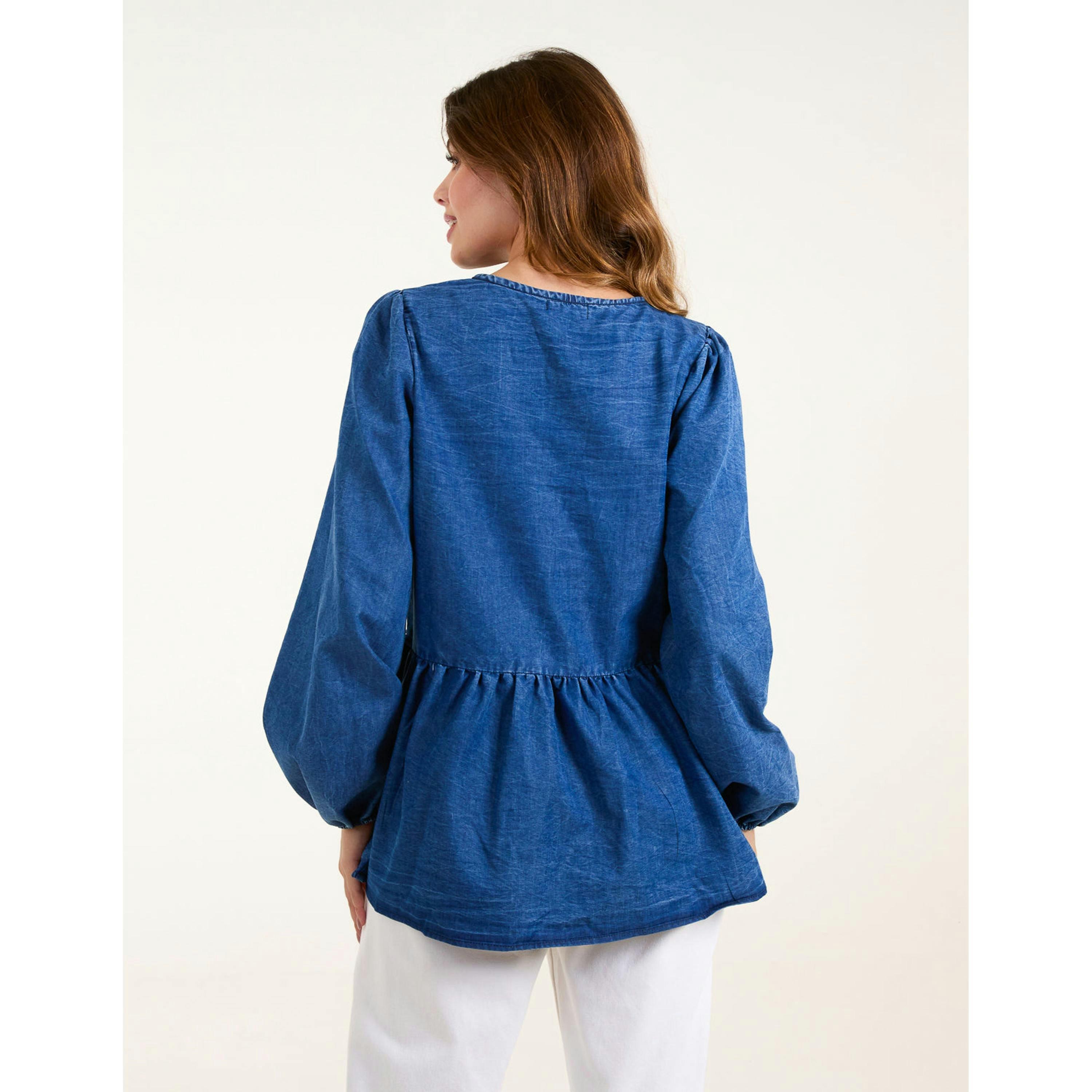 Blue Vanilla Tie Front Chambray Blouse  in Blue , view 2 of 4