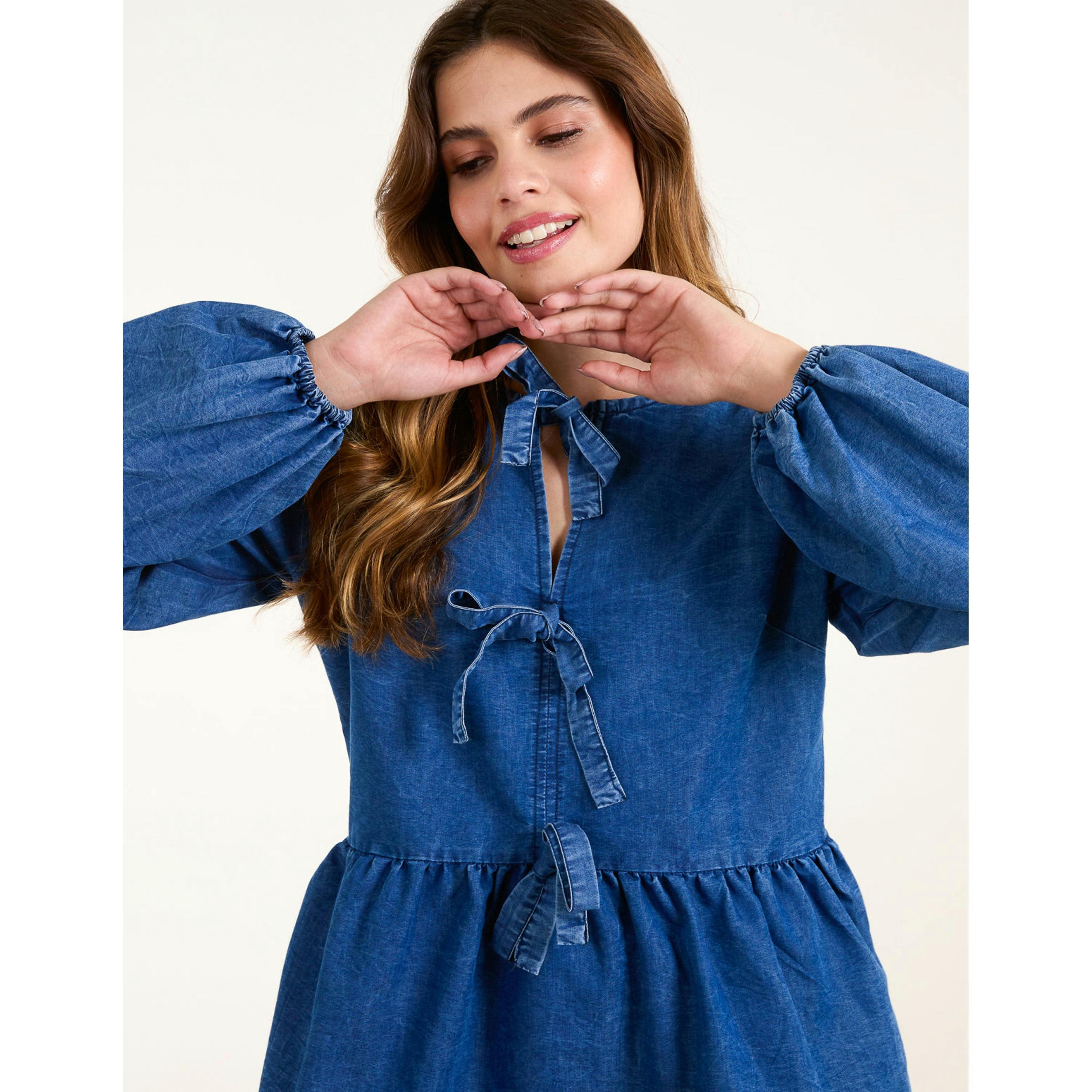 Blue Vanilla Tie Front Chambray Blouse  in Blue , view 3 of 4