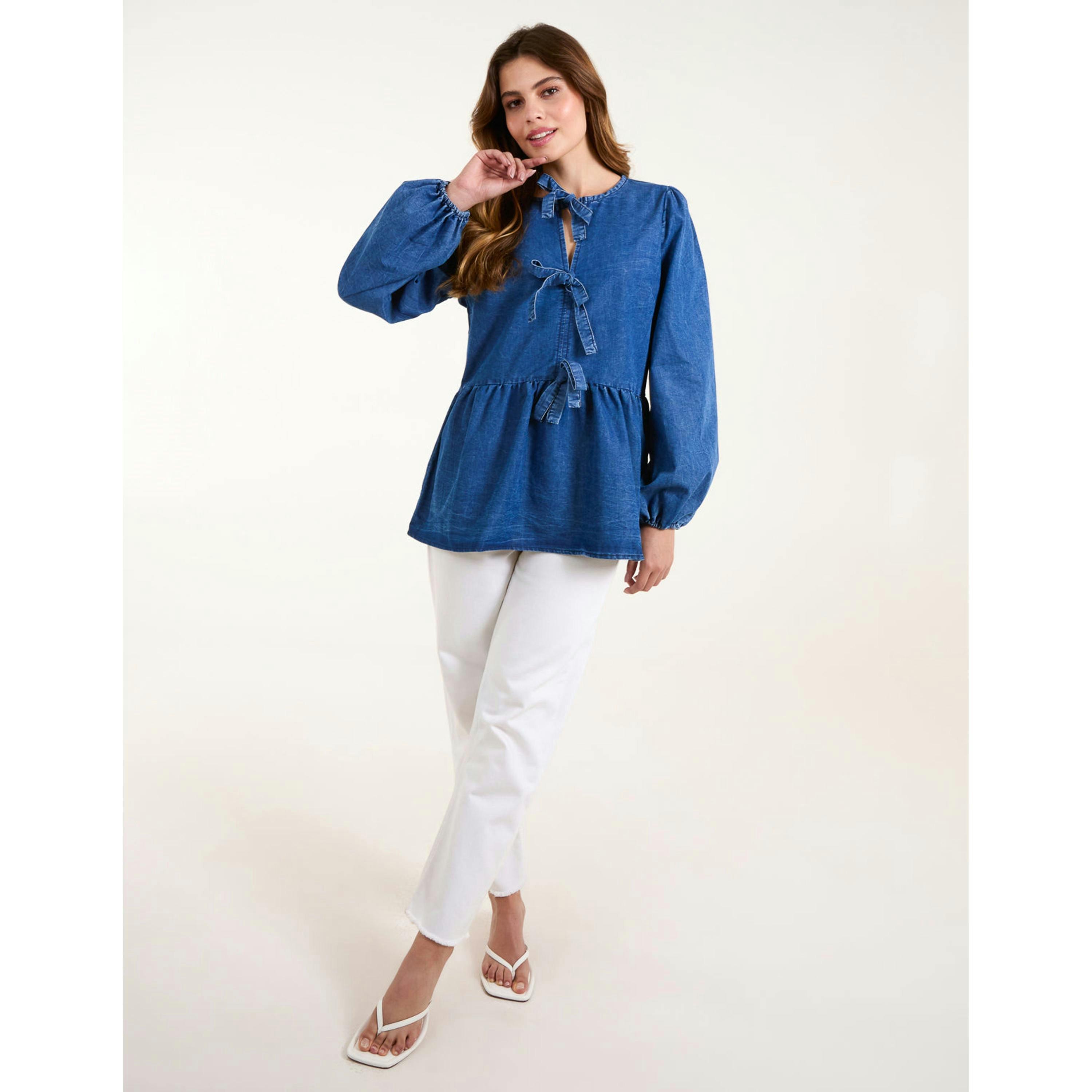 Blue Vanilla Tie Front Chambray Blouse  in Blue , view 4 of 4