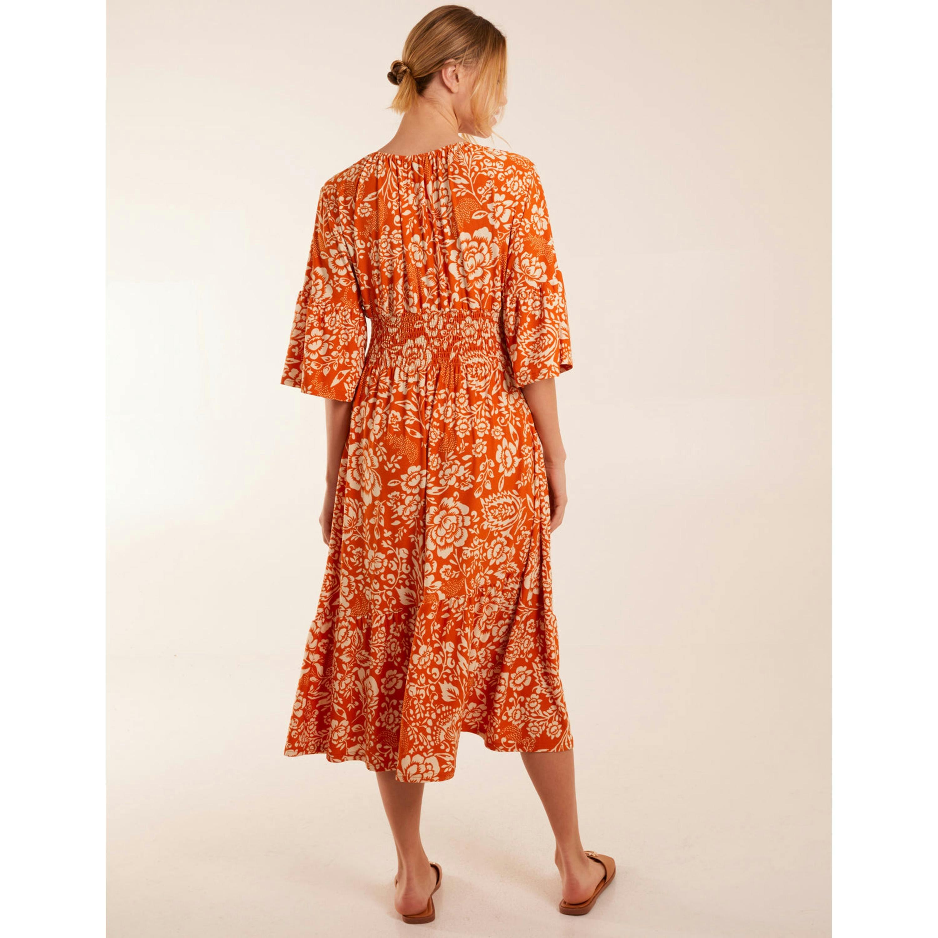 Blue Vanilla Elasticated V Neck Midi Dress With Tie Up Neck  in Orange , view 2 of 4