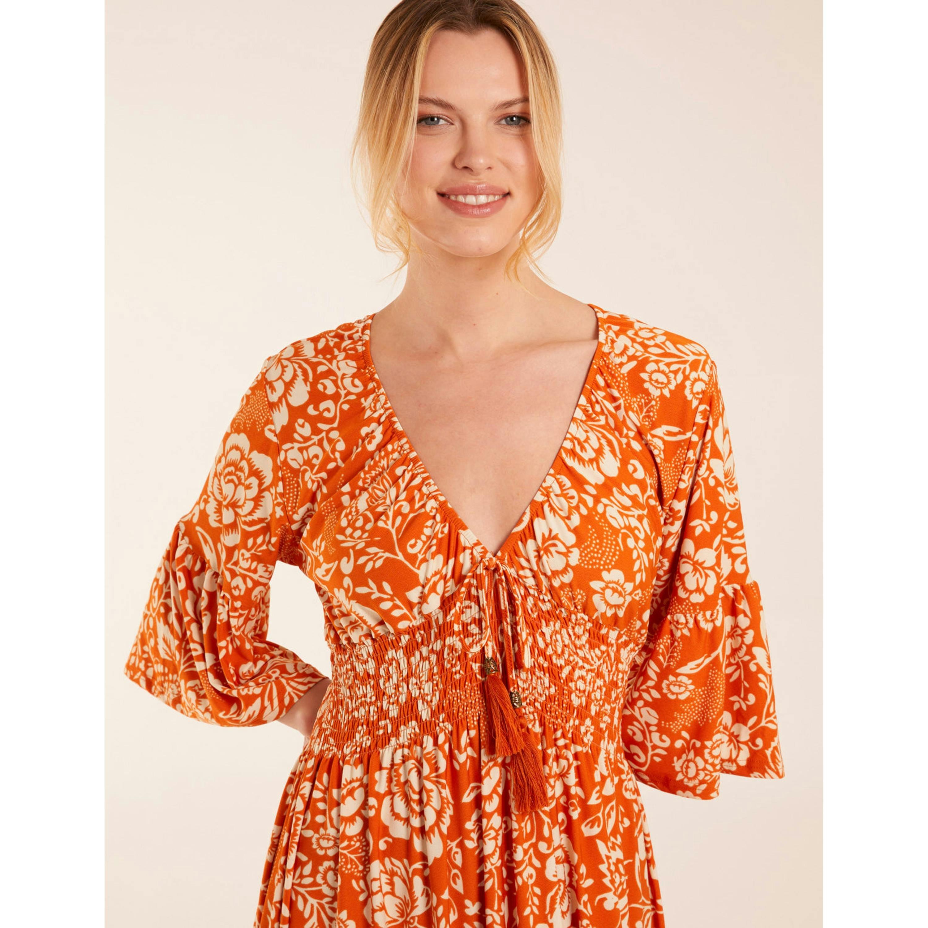 Blue Vanilla Elasticated V Neck Midi Dress With Tie Up Neck  in Orange , view 3 of 4