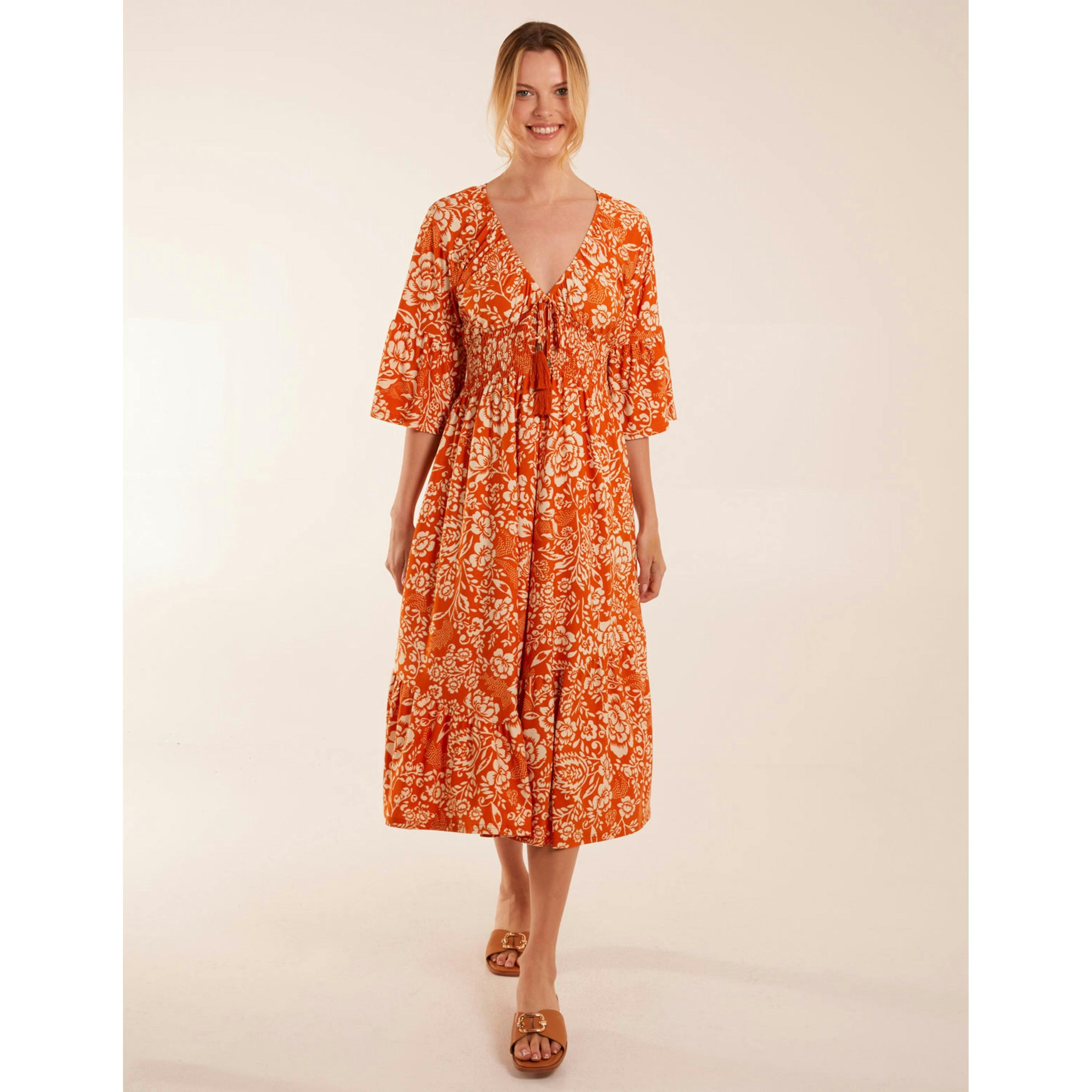 Blue Vanilla Elasticated V Neck Midi Dress With Tie Up Neck  in Orange , view 4 of 4